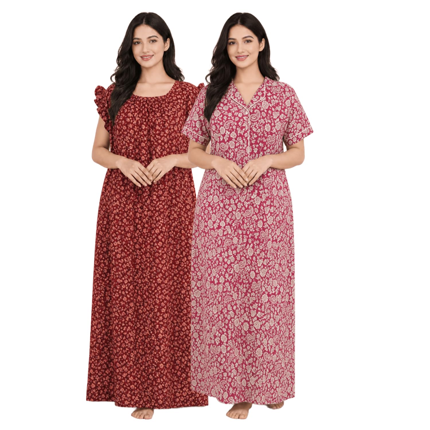 Nighty for Women Cotton Combo Pack of 2 | Free Size Gown for Women Cotton with Side Pocket | Nighties for Women Pure Cotton Combo Stylish | Maxi Sleepwear-image-42