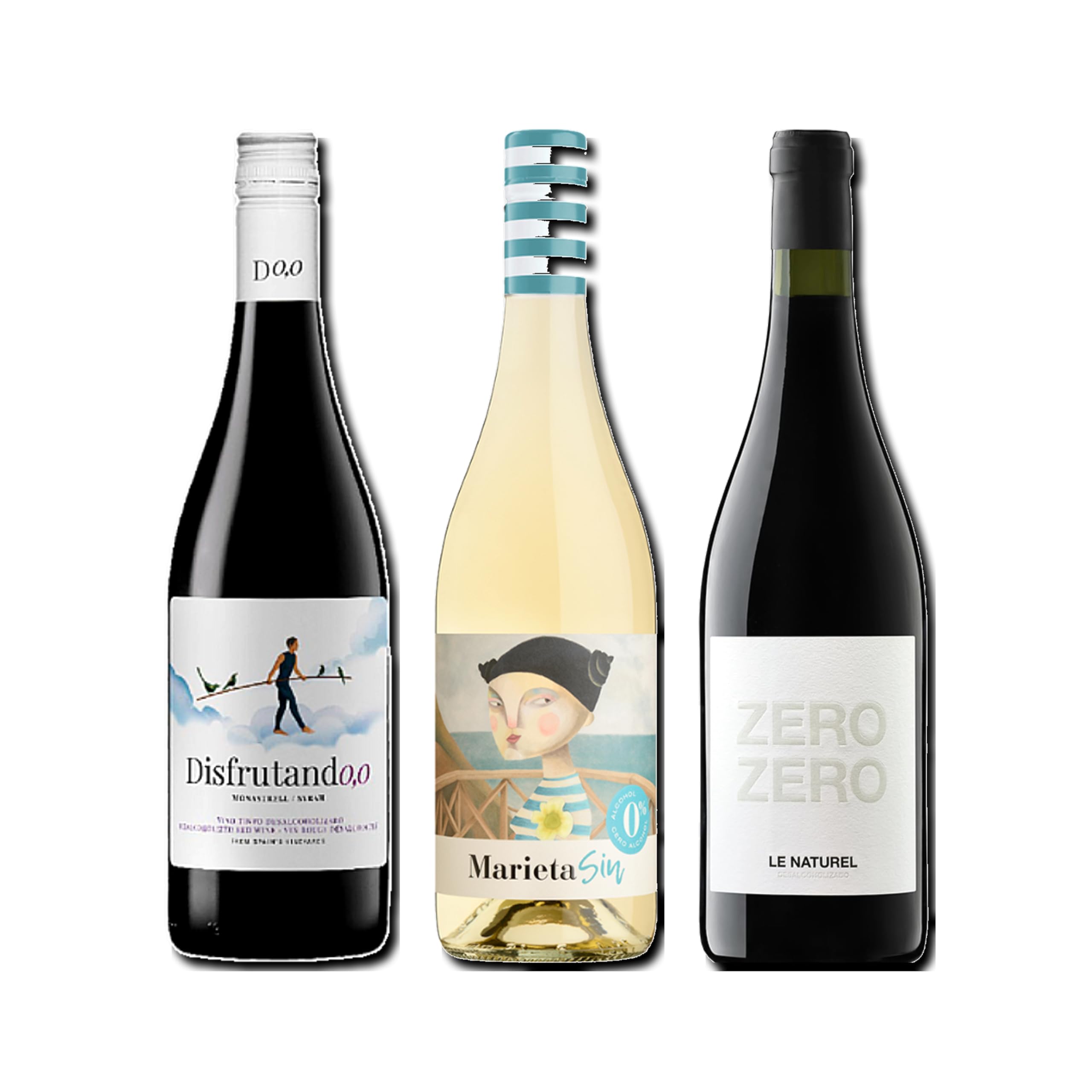 vino sin alcohol 0,0 Disfrutando 0,0 Tinto, Marieta y Le Naturel Zero Zero Tinto pack de 3 botellas 75cl