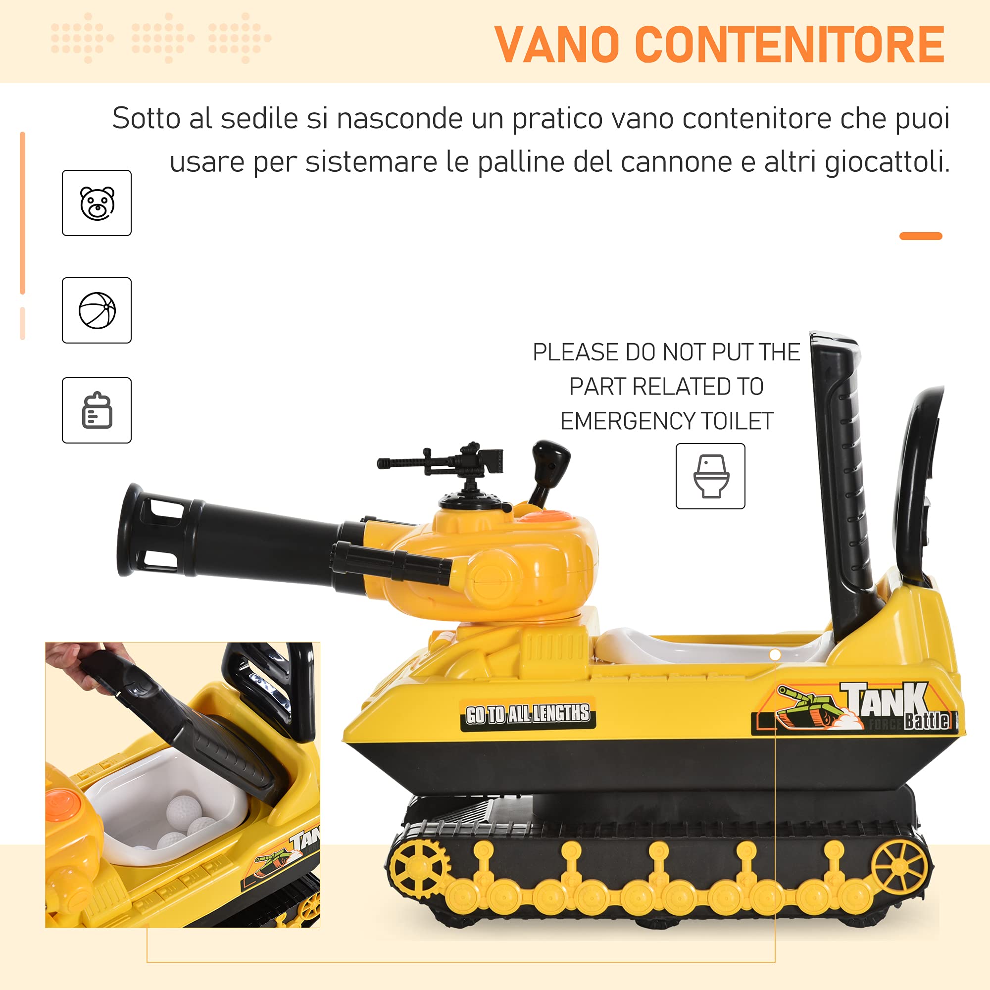 HOMCOM Macchina Cavalcabile per Bambini con Cannone Spara Palline e Vano Contenitore, Carro Armato per Bambini 3+Anni, 68x24x41.5cm, Giallo