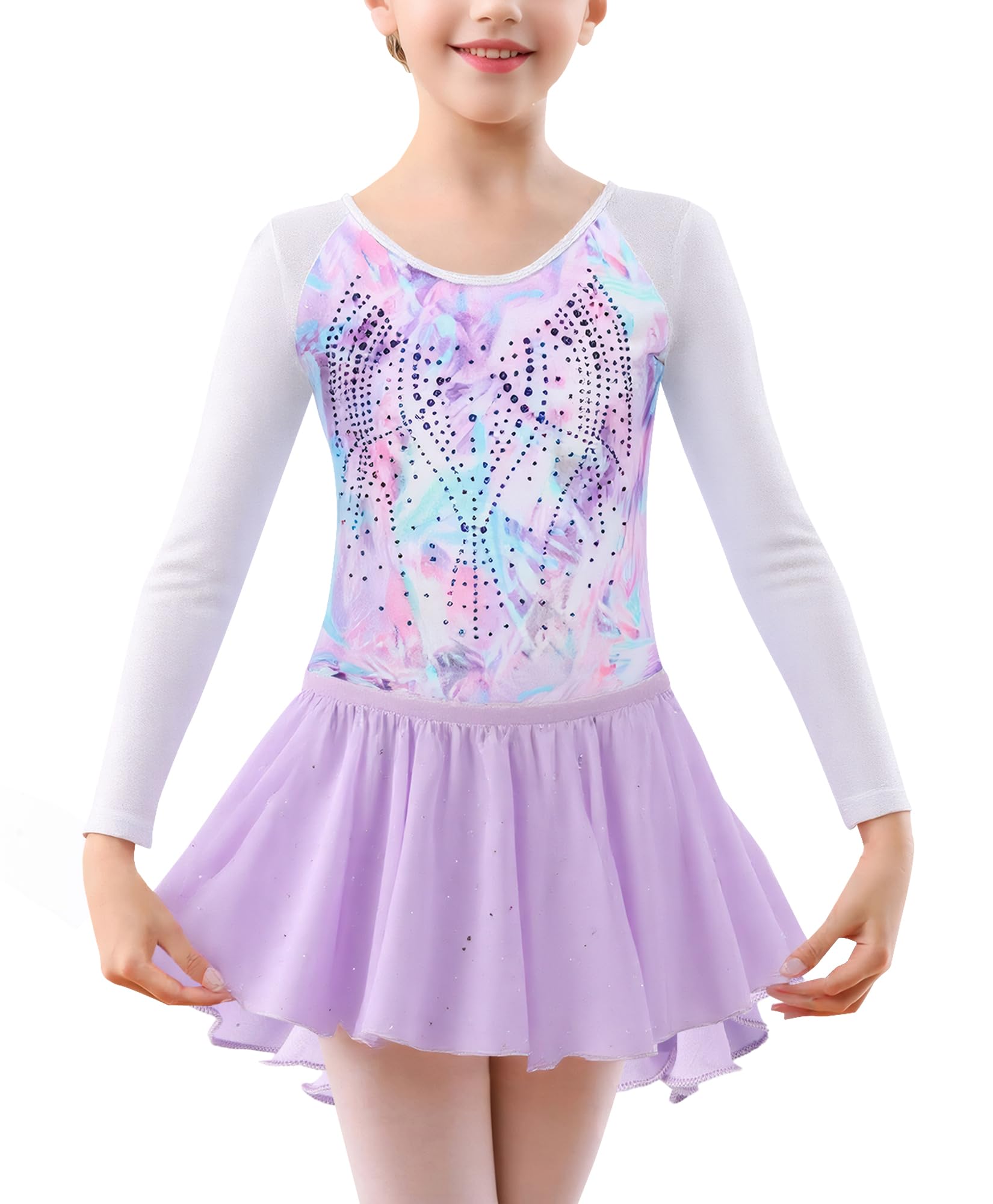 SEAUR Fille Justaucorps Gymnastique Manches Longues Gymnastique Ensemble Gymnastique avec Jupe et Bandeau Multicolore Glitter 5-12 ans