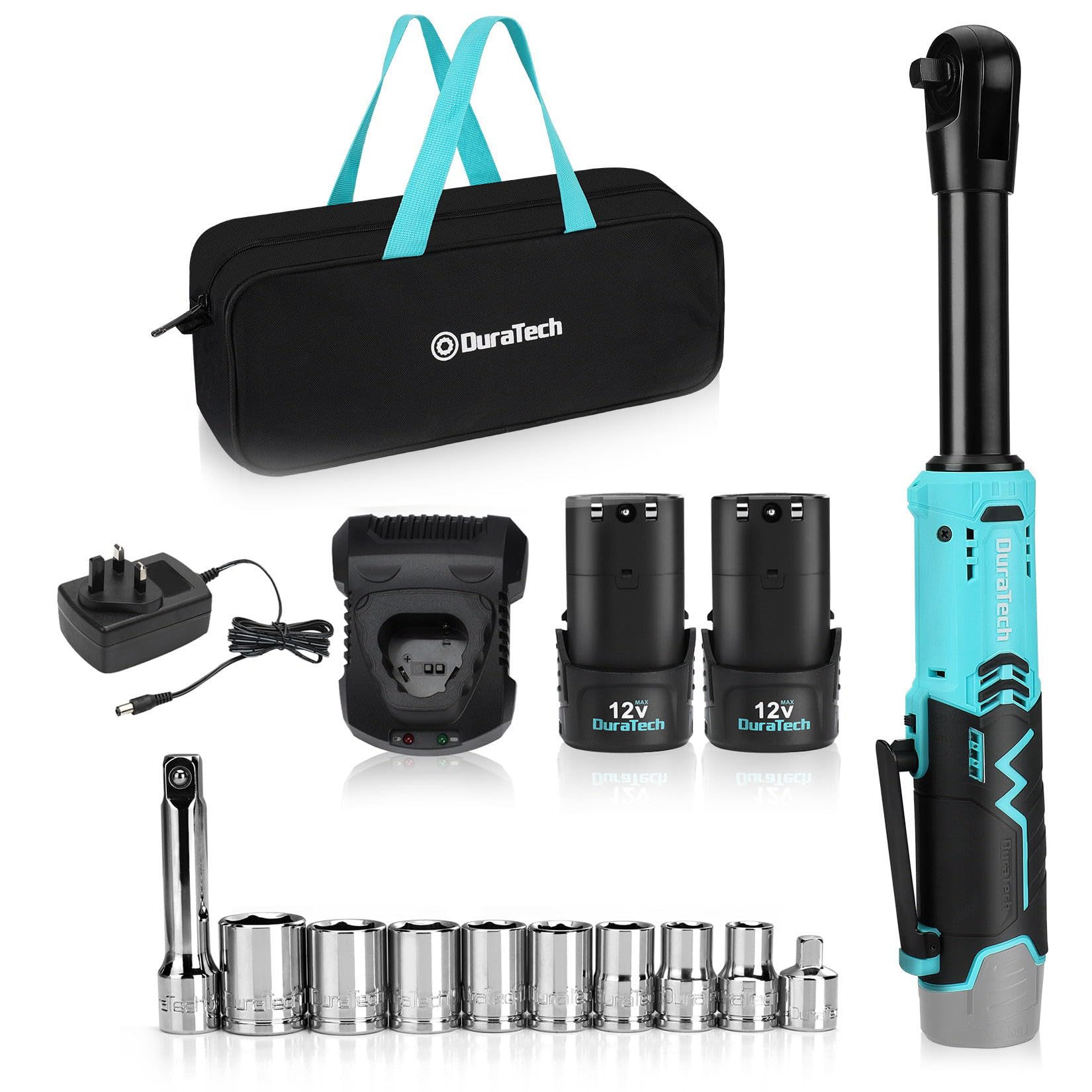 DURATECH 12V Extended Cordless Ratchet Wrench with Tool Bag, 3/8” Electric Cordless Ratchet, Torque 60N.m, 180RPM with LED Light, Electric Ratchet Wrench with Fast Charge &Canvas Bag