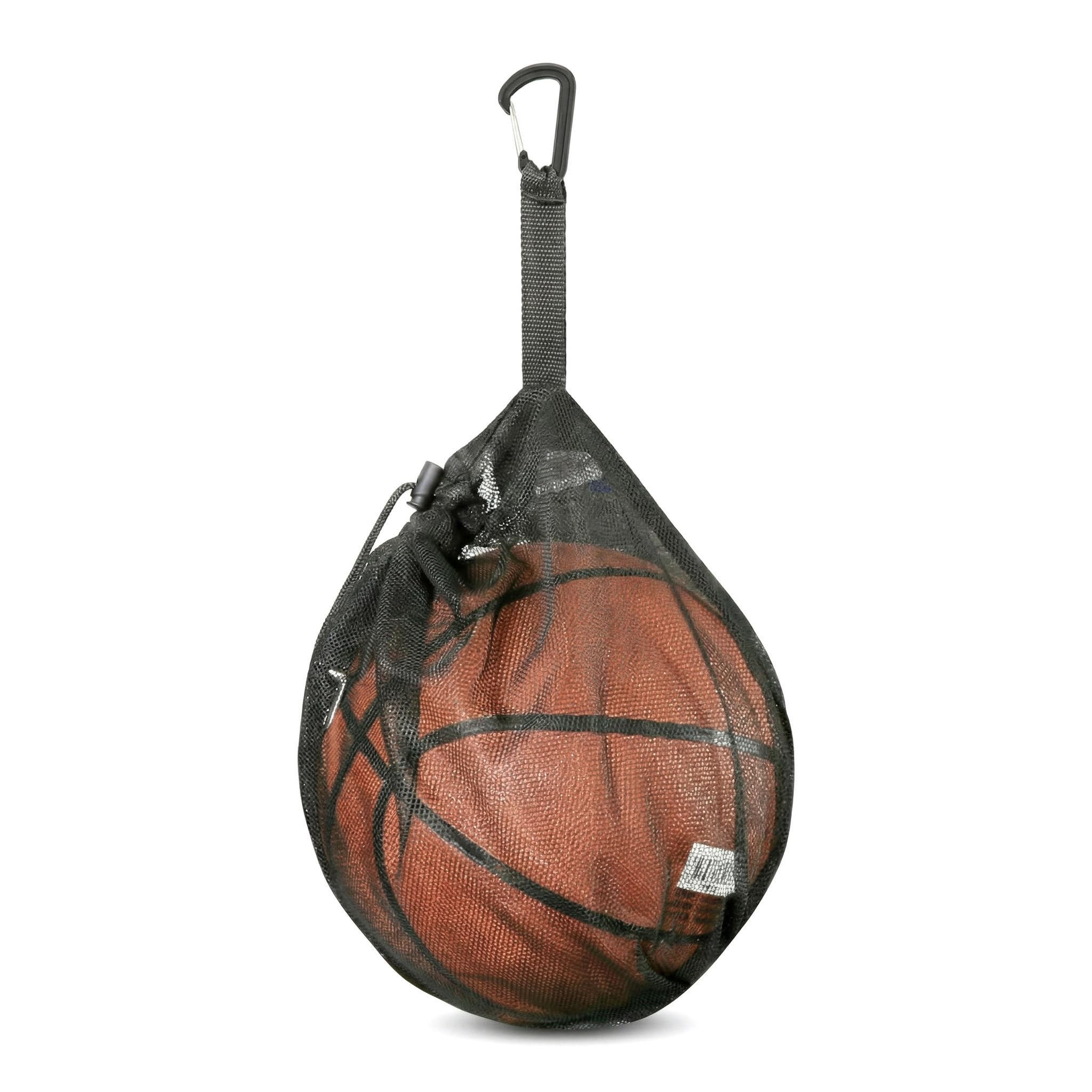 Single Ball Bag Mesh Basketball Bag with Zipper Pocket & Carabiner, Portable Drawstring Football Bag Carrier Holder for Volleyball Rugby Soccer, Heavy Duty Sports Equipment Net Bag for Backpack