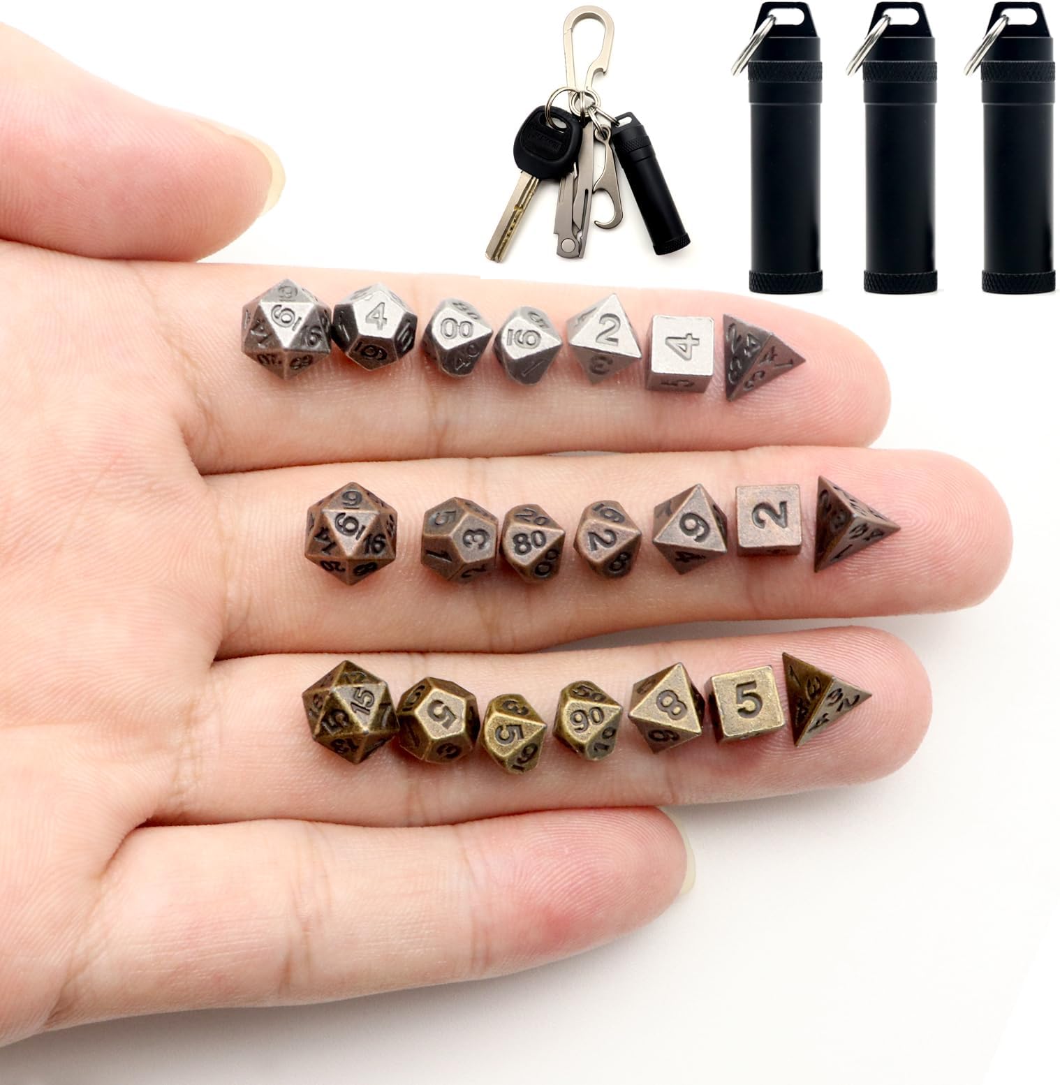 Haxtec Mini Dice Set: Tiny Small Metal DND Dice Set with Dice Case Portable Antique Metal Dice Set for Keychain-3 Sets