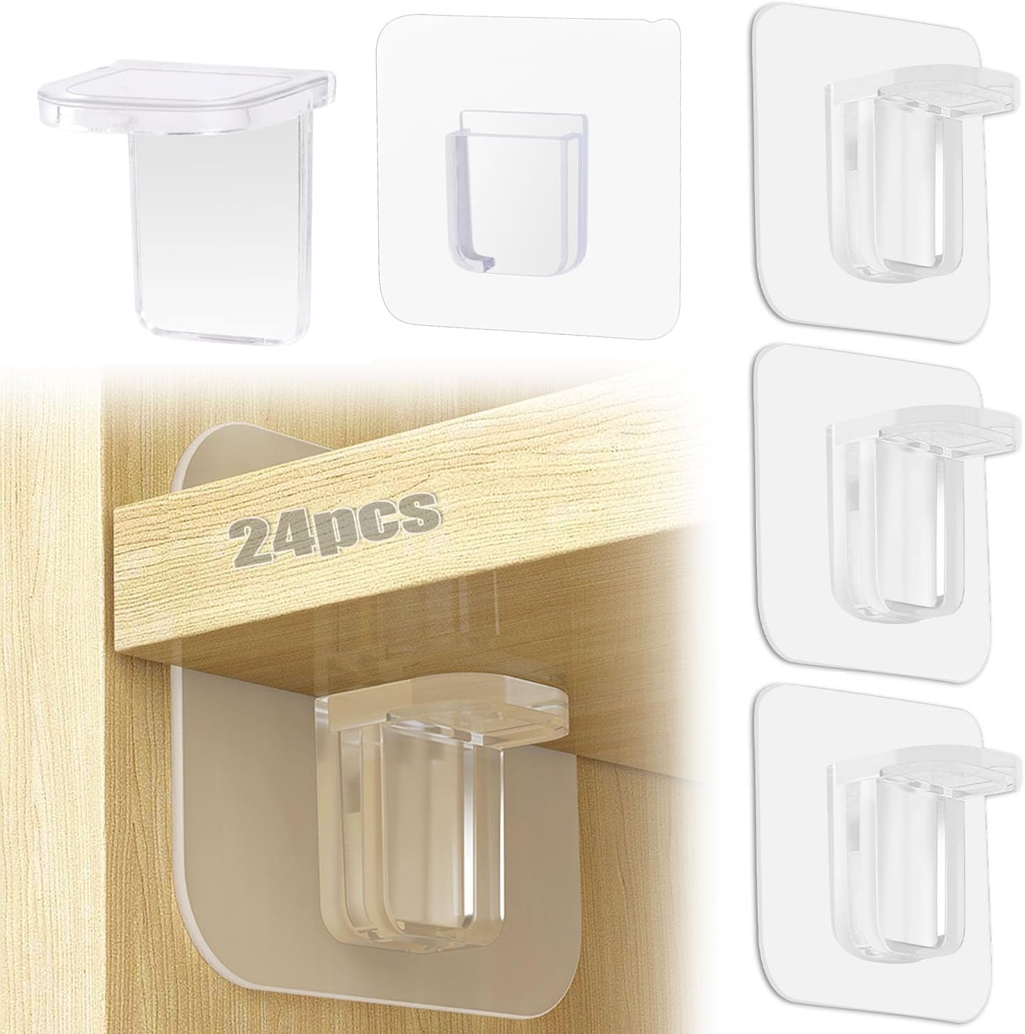 Lot de 24 crochets adhésifs transparents pour étagères et armoires – Durable et facile à installer, capacité de charge élevée, sans perçage