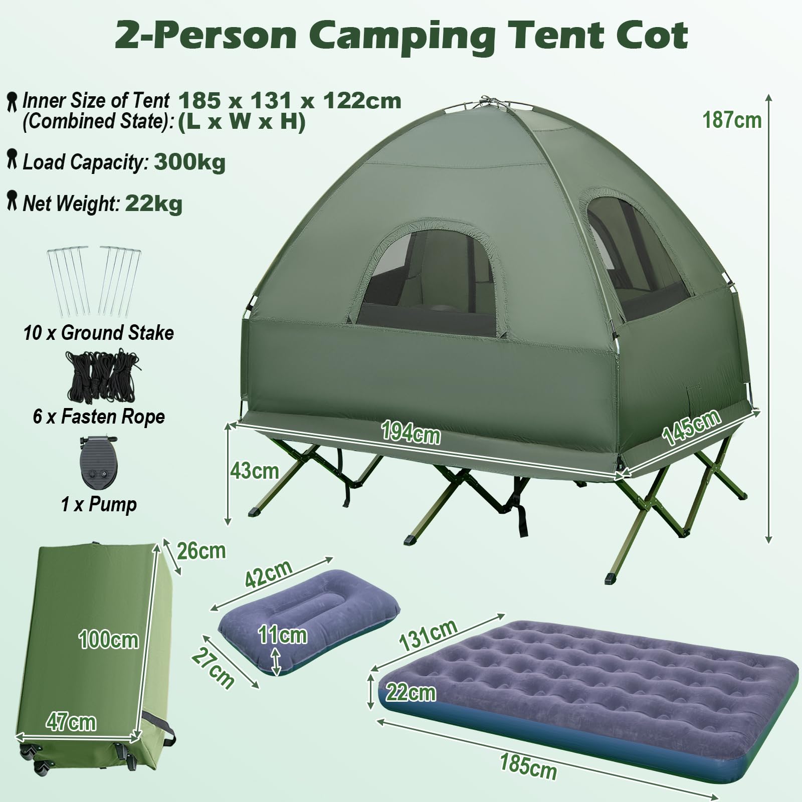 FANTASK Campingzelt für 2 Personen, 5 in 1 Feldbett mit Zelt, Luftmatratze, Kissen & Rolltasche, Kuppelzelt für Wandern, Picknick