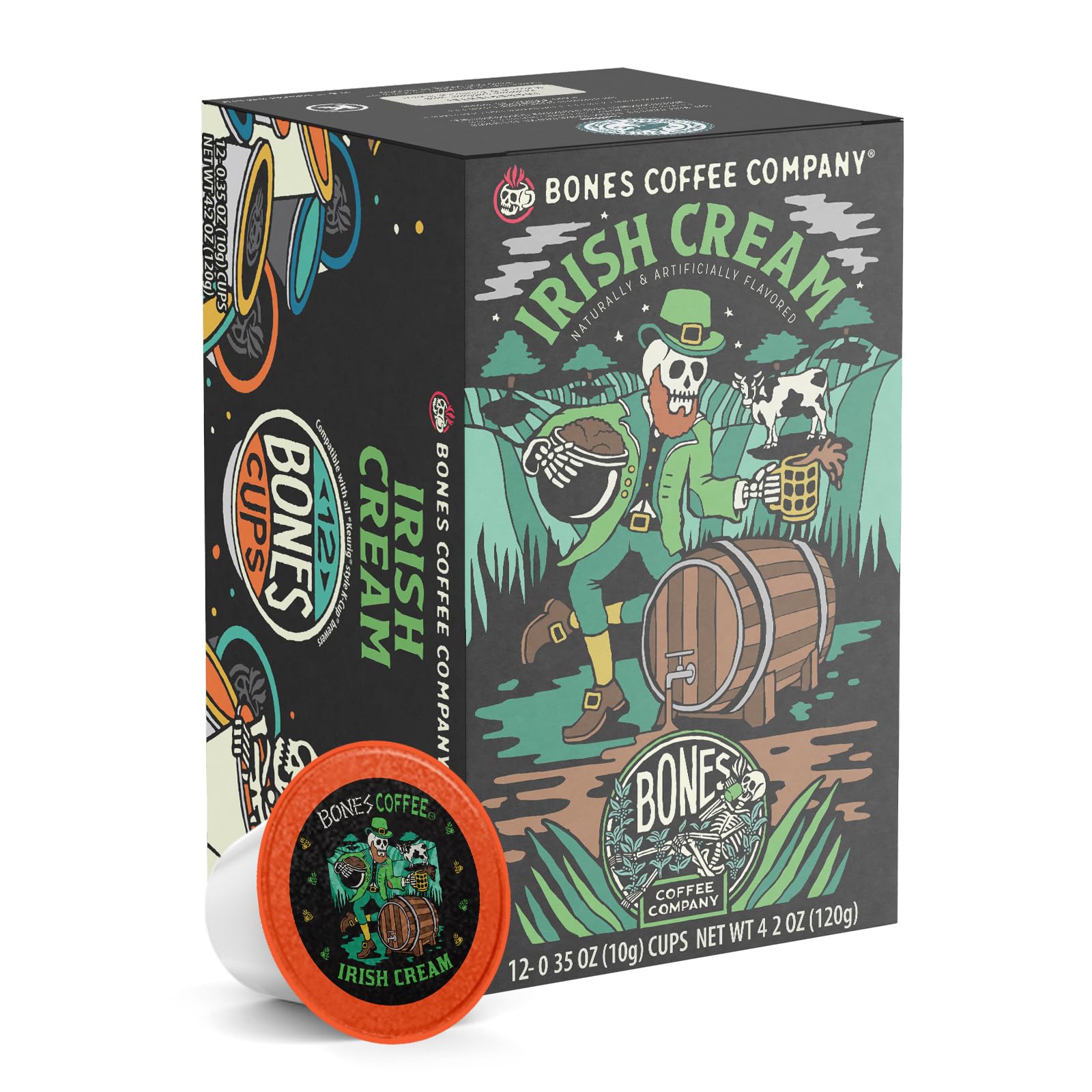 Bones Coffee Company Flavored Coffee Bones Cups Irish Cream Flavored Pods | 12ct Single-Serve Coffee Pods Compatible with Keurig 1.0 & 2.0 Keurig Coffee Maker