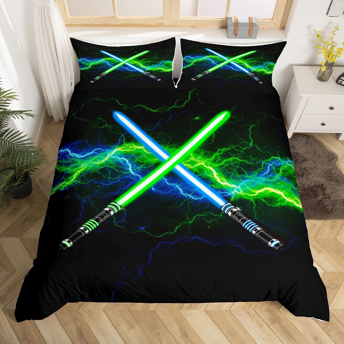 Red Blue Lightsaber Duvet Cover Set Twin Size,Neon Glowing Lightning Bedding Set 2Pcs,Video Games Theme Comforter Cover for Kids Boys Girls Teens Room