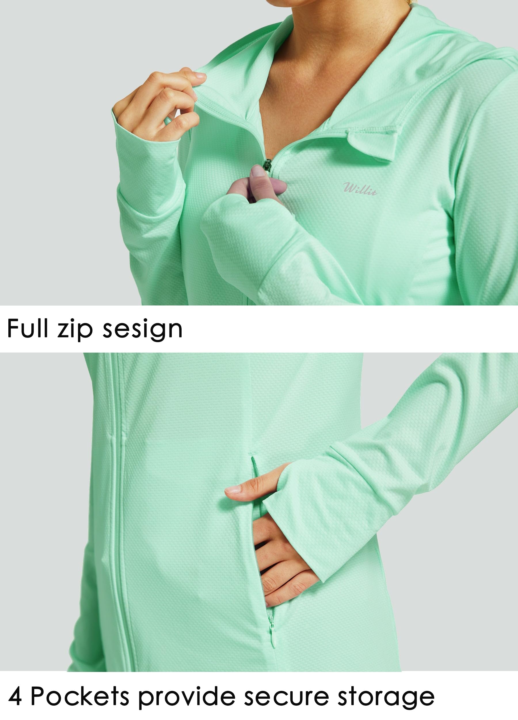 WILLIT Chaqueta deportiva para mujer, de manga larga, protección solar, con capucha, protección UV, UPF 50, ligera, yoga, fitness, senderismo, con bolsillos