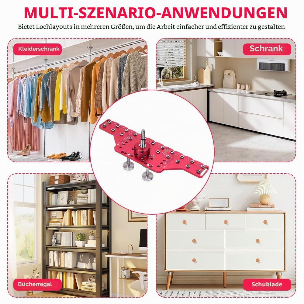 Lochreihen Bohrschablone, 2 in 1 Regalstiftvorrichtung und 35mm Scharniervorrichtung, Schablone Bohrführung mit 5mm 6.25mm Bohrlehre für Holzbearbeitung, DIY-Holzbearbeitungswerkzeug (Long)