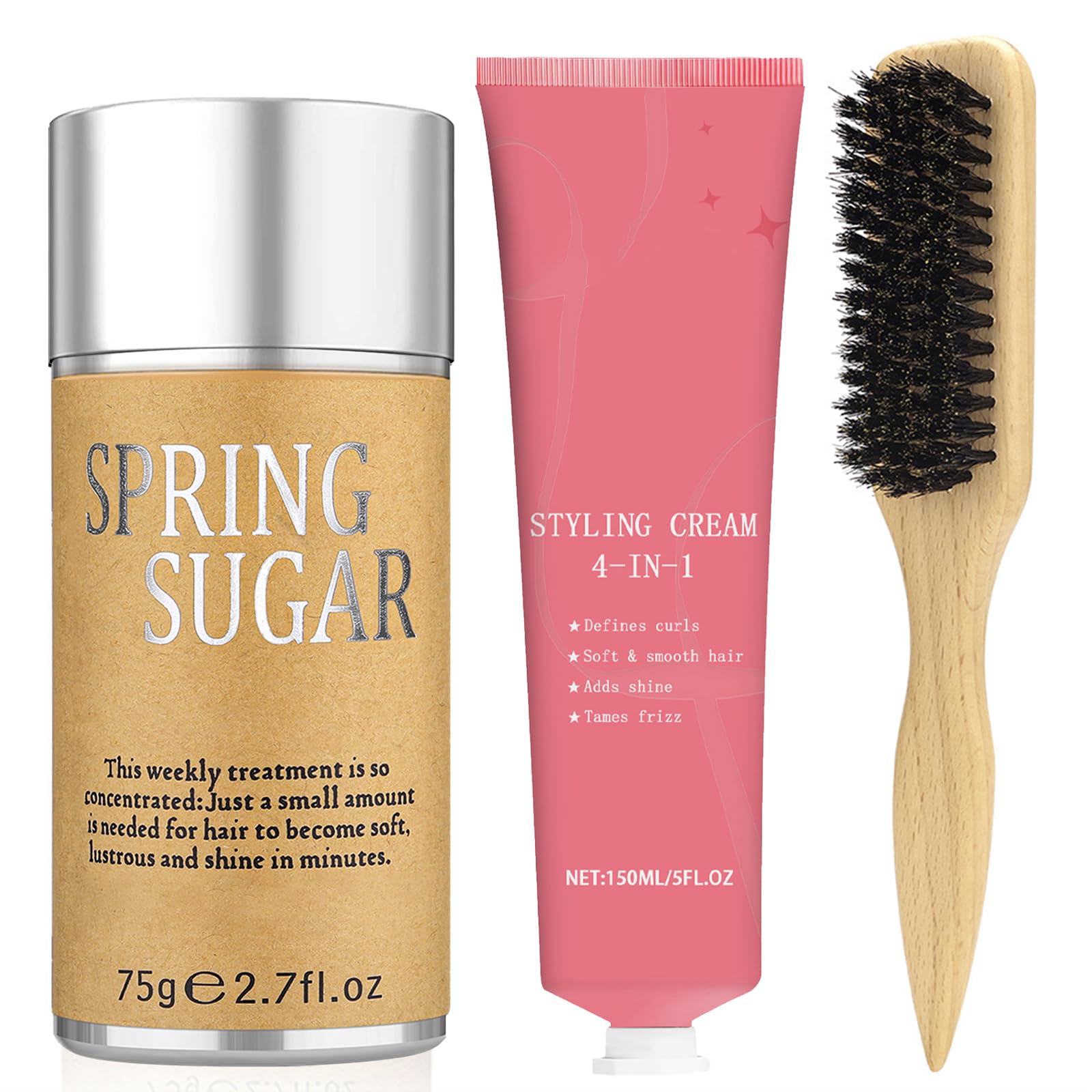 4-in-1 Styling Cream for Flyaways, Curl Defining & Shine – with Slick Back Boar Bristle Brush & Hair Wax Stick – Smooth Sleek Hair Tamer Set, Non-Greasy, for Women & Kids