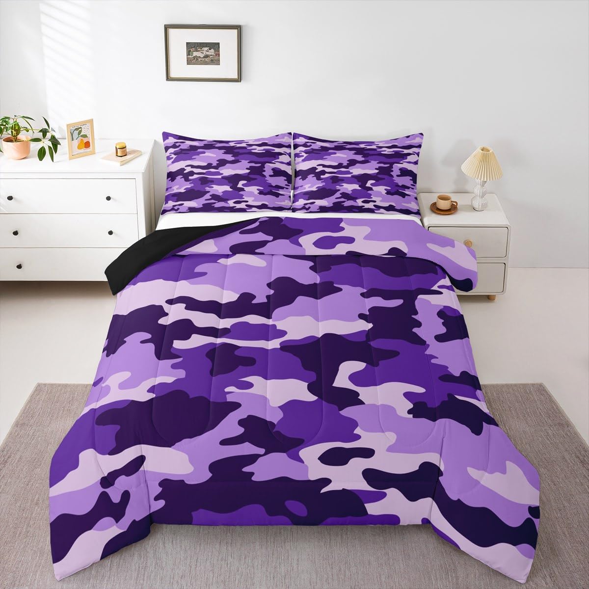 Erosebridal Purple Camo Toddler Bedding Set,Military Cabin Comforter Set for Kids Boys Girls,Camouflage Duvet Set for All Season,Rustic Hunting Quilt Set