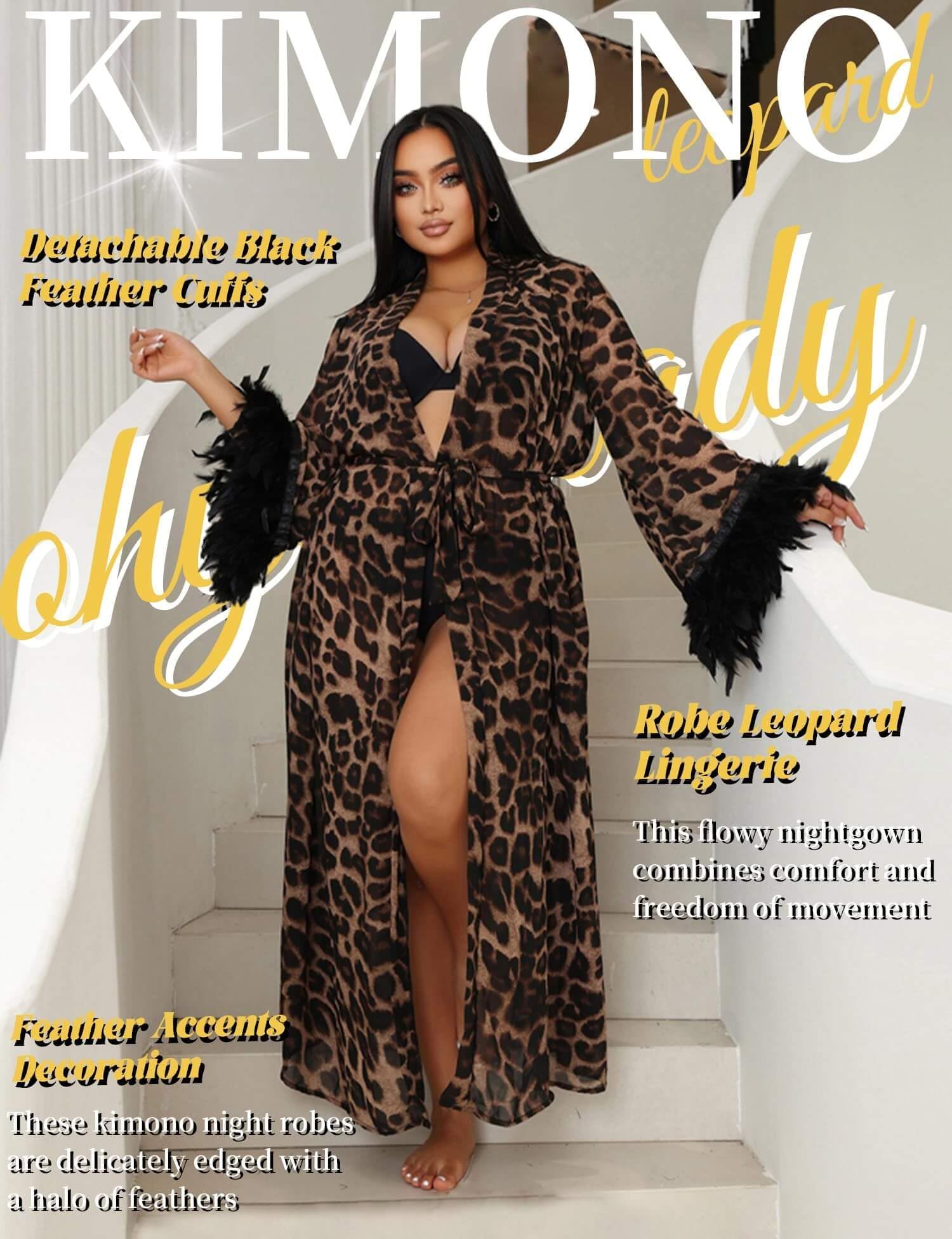 ohyeahlady Kimono Robe de Nuit Femme Leopard Robe de Chambre Longue Satin Grande Taille Peignoir Kimono Long Habillé Nuisette Satin Chic Peignoir de Bain Couverture de Bikini Cardigan avec Ceinture