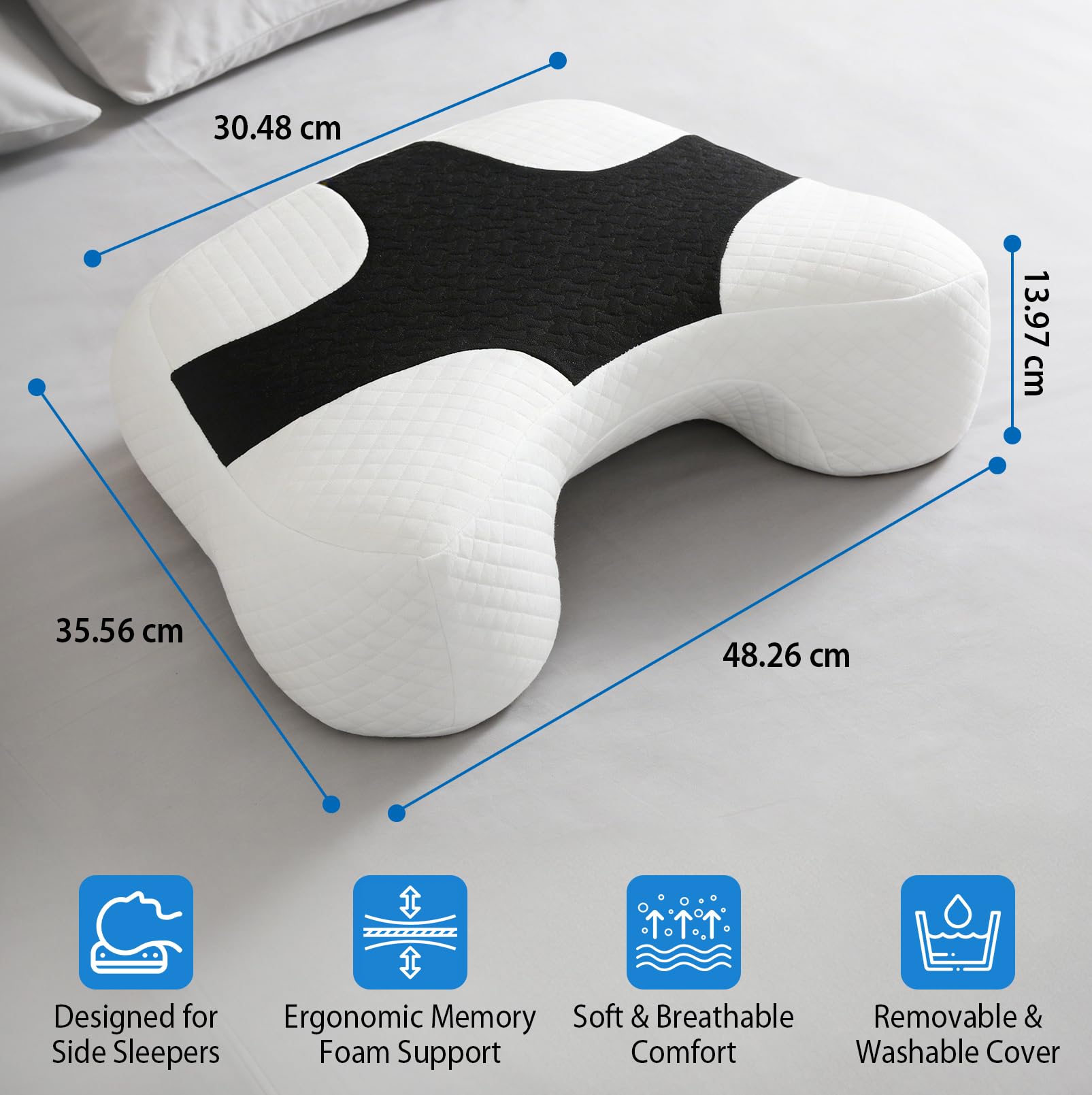 Seitenschläferkissen mit 3 Armöffnungen, Memory Foam Kissen ergonomisch | Für Seiten-, Rücken- und Bauchschläfer, mit Nacken- und Schulterstütze, atmungsaktivem Bezug, abnehmbar und waschbar
