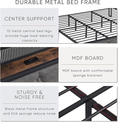 Miniatura 6 de Base de cama LED King con cabecera de almacenamiento, plataforma tapizada con estación de carga y luces LED, listones de metal pesado, no necesita