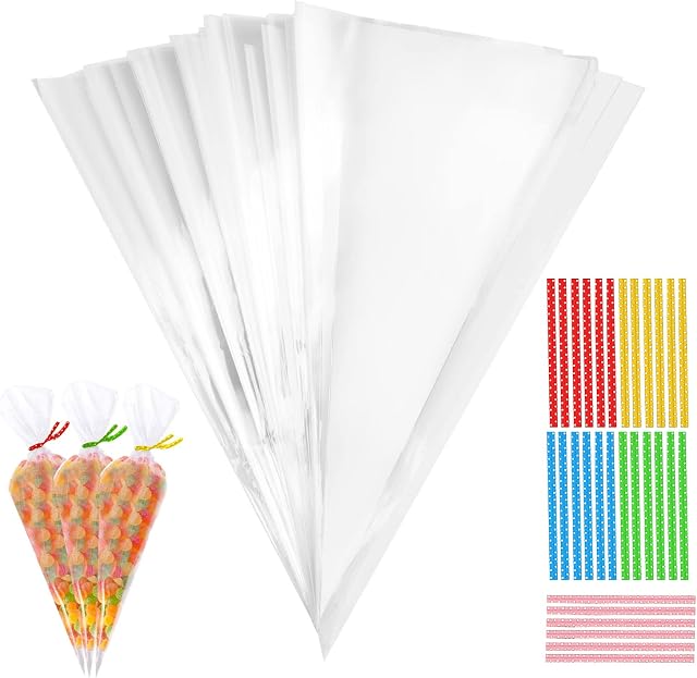 100pcs Christmas Sweet Cones Bags, kids Party Bags with 100pcs Ties Wedding Goody Cellophane Treat Birthday Stocking Fillers Kids Gift Bags Cookie Bags for Chocolate Candy Popcor(5.12*9.84Inch)