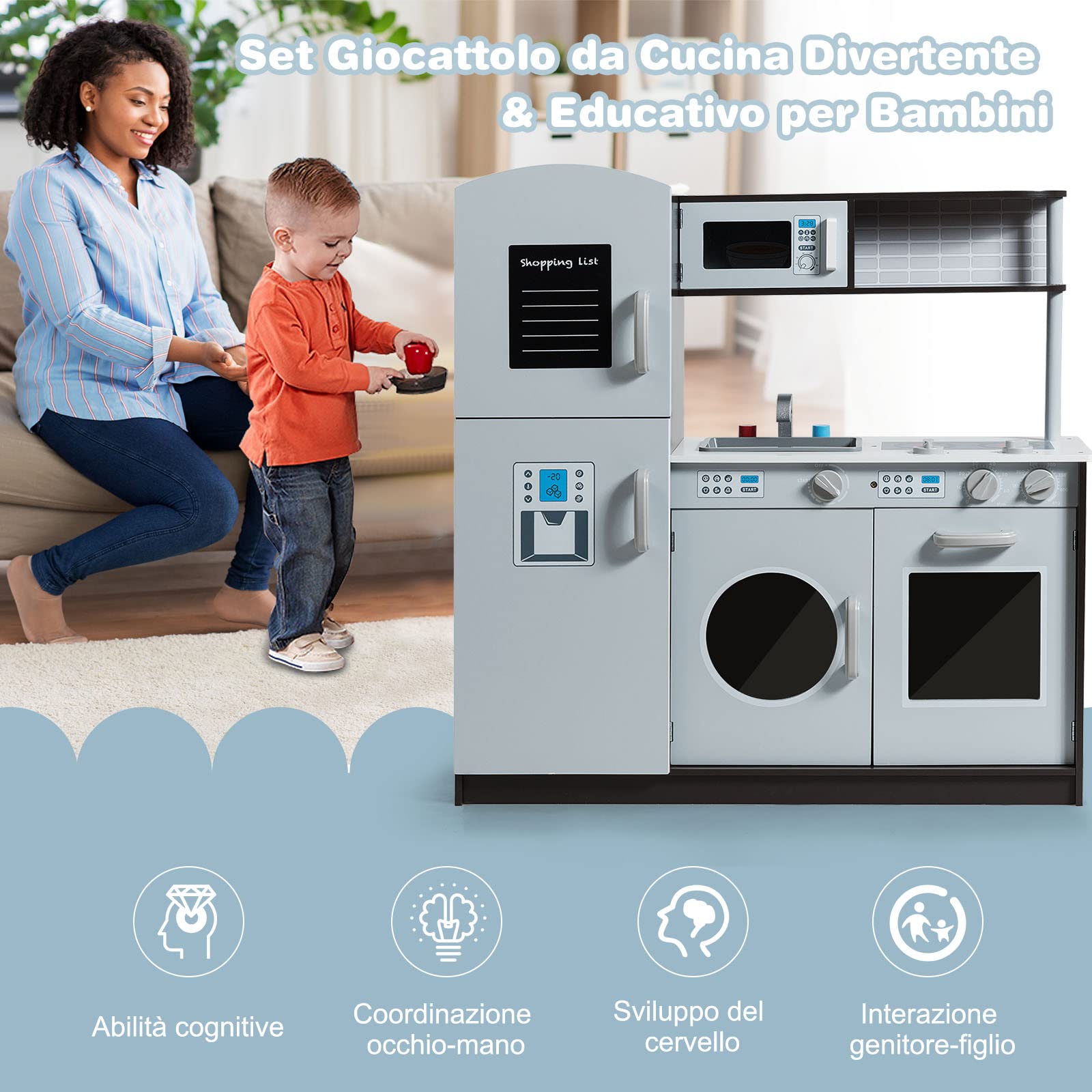 COSTWAY Cucina Giocattolo per Bambini con Frigorifero, Distributore d'acqua, Lavatrice, Forno, Microonde, Lavello e Rubinetto, Funzione Luci e Suoni, 3+ Anni