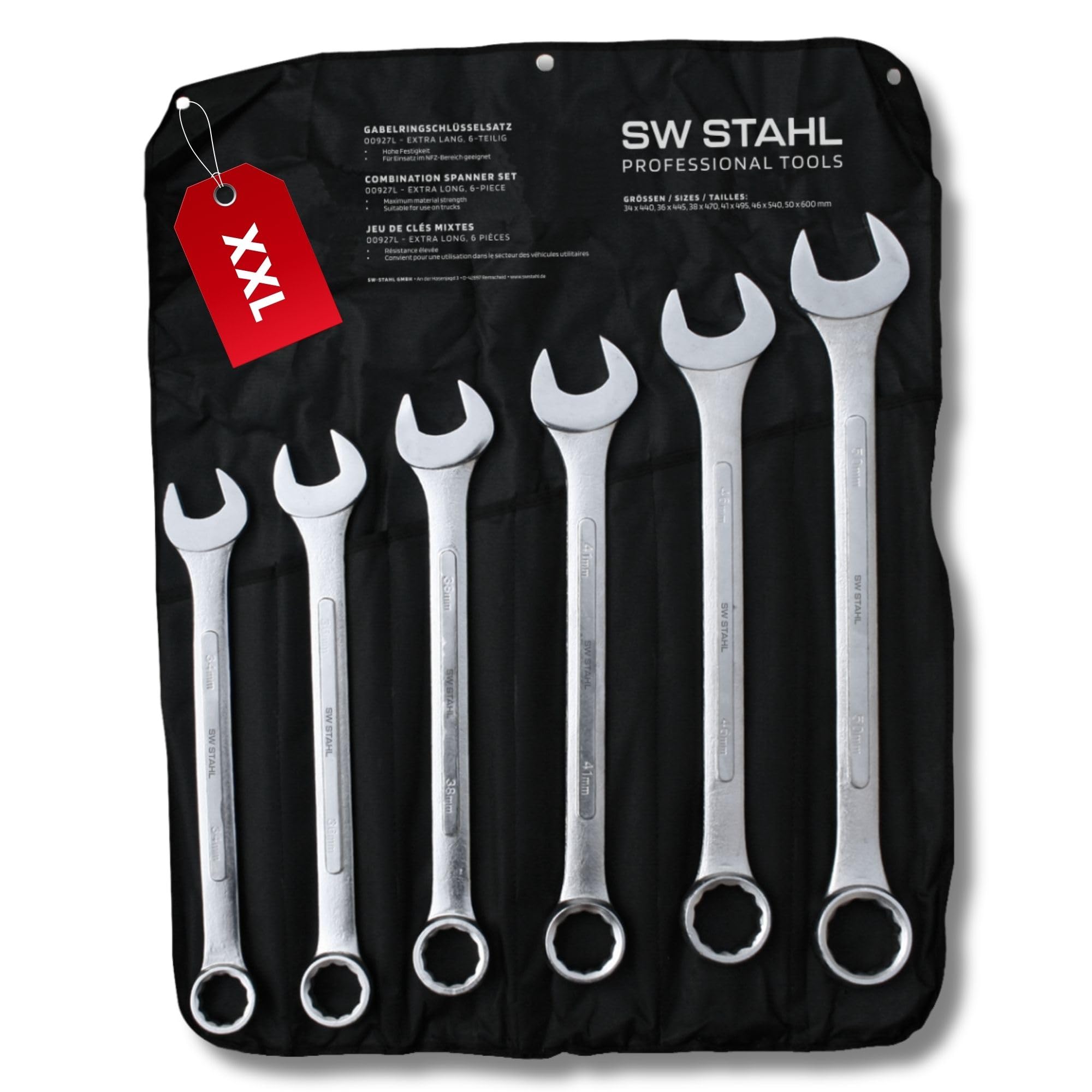 SW-Stahl 00927L Jumbo Gabelringschlüsselsatz - 34-50 mm - 6-teilig | Extra Lange Ausführung - Mattverchromter Chrom-Vanadium-Stahl - Inklusive Rolltasche - Maulringschlüssel Set
