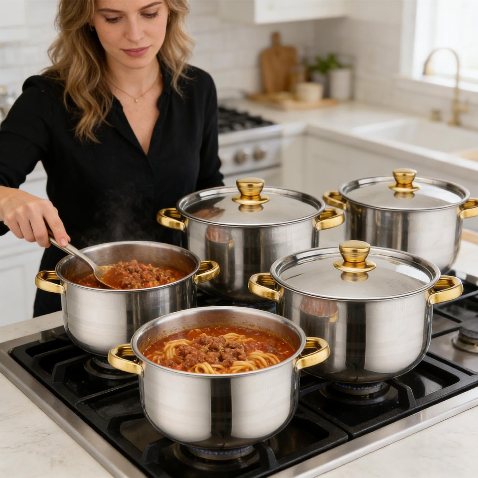 Topfset aus Edelstahl, Antihaft-Kochgeschirr, 10-teilig, Kochtöpfe, vielseitig, vielseitige Kochlösung, für Suppe, Nudeln, Eintopf Dome