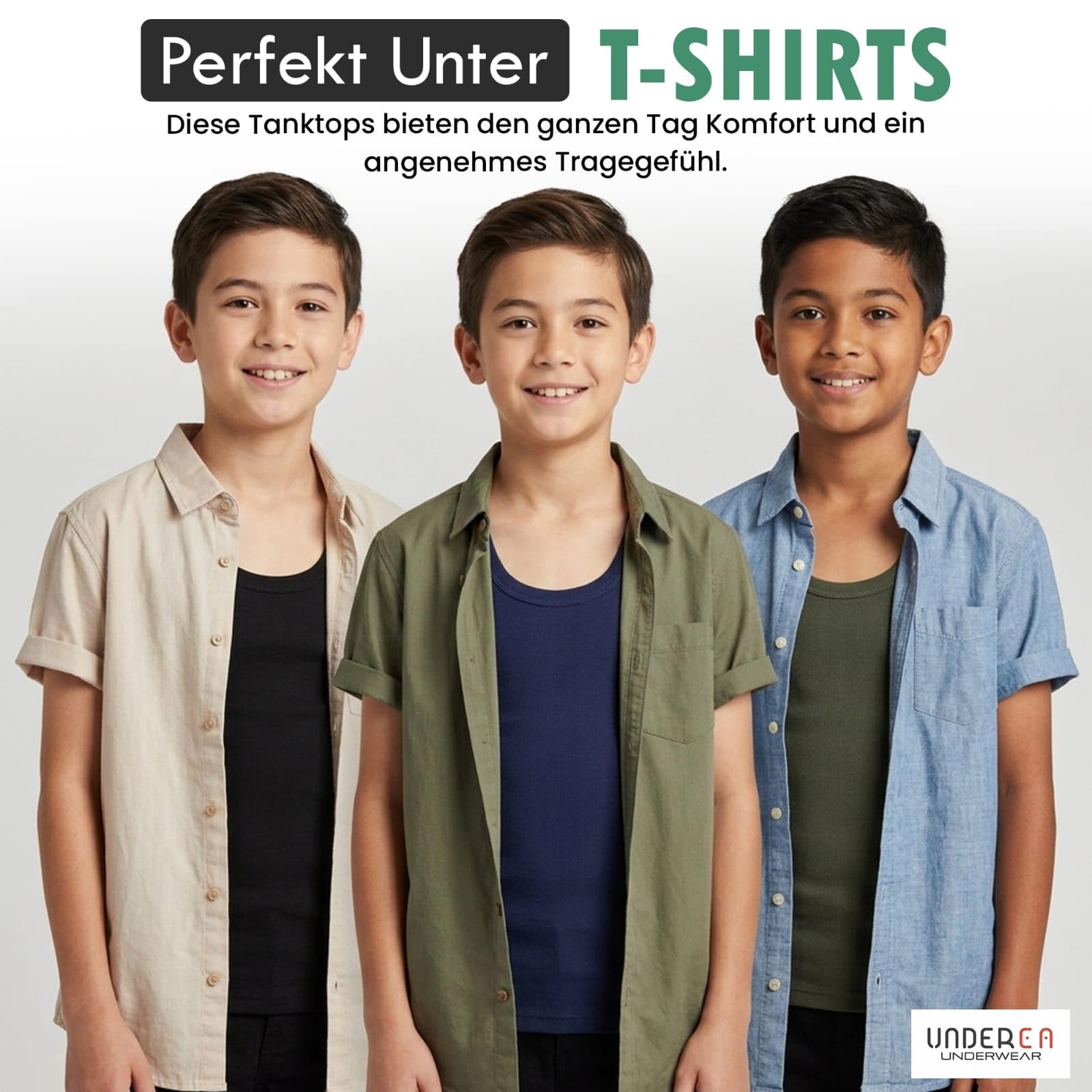 Confezione da 5 canottiere da ragazzo, 100% cotone, morbide e traspiranti, a costine sottili, per la vita quotidiana, la scuola e il tempo libero, colori: nero, bianco, grigio, blu navy, cachi