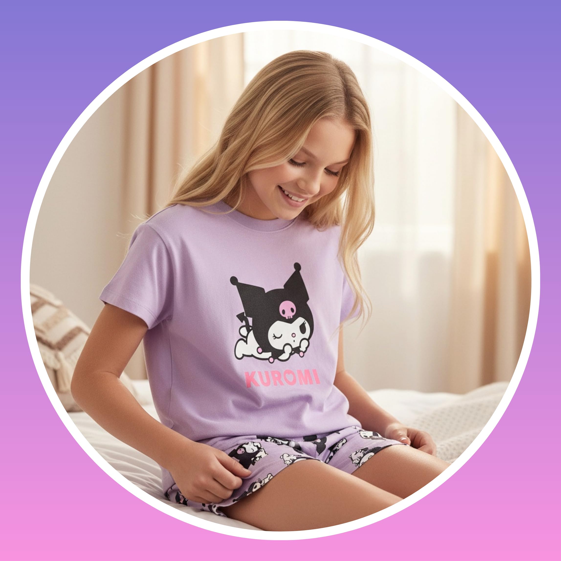 Hello Kitty Kuromi Camiseta y Pantalon para Niña, Pijama Conjunto 2 Piezas Camiseta Manga Corta y Pantalon Corto, Tallas 8 a 14 Años