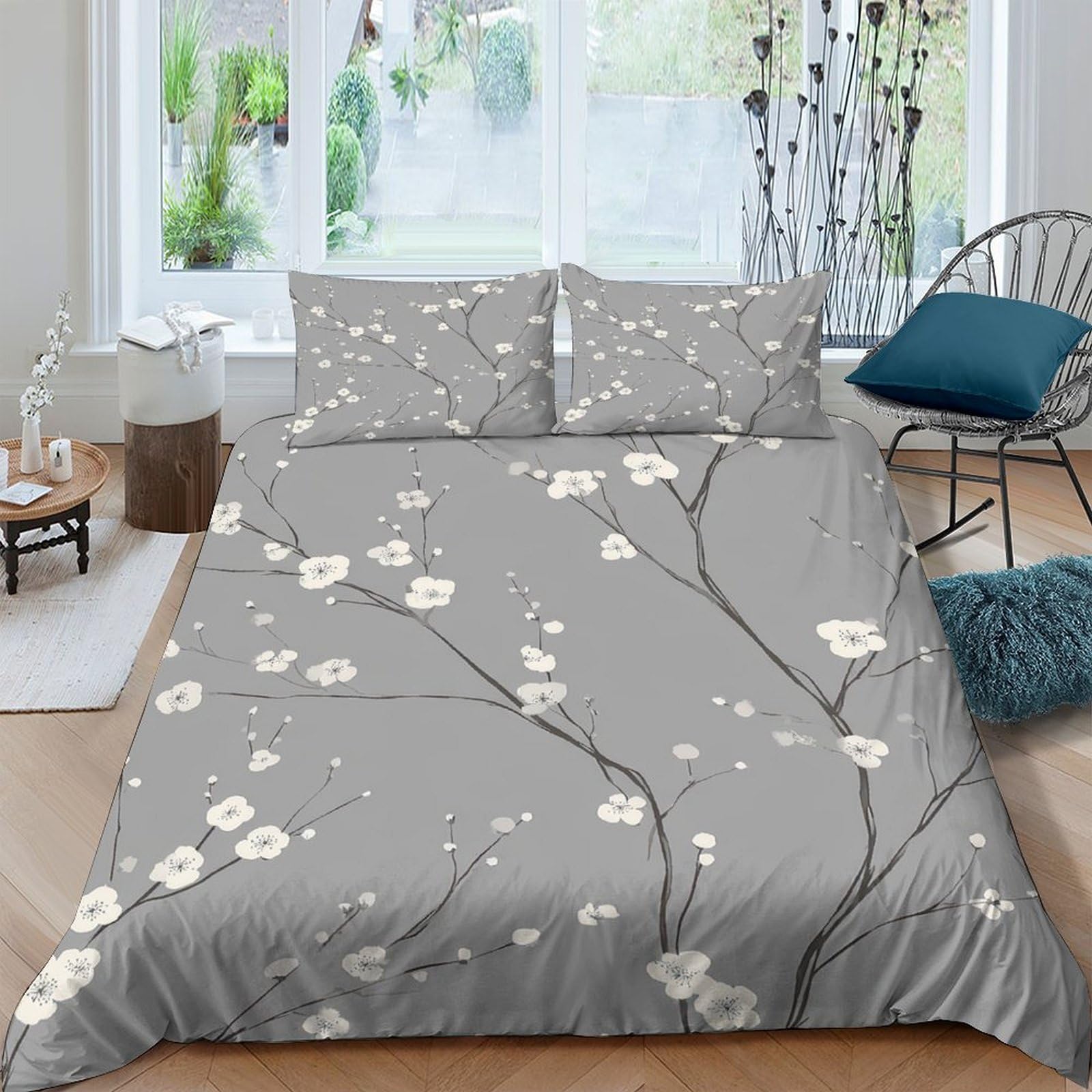 Ctjqhvkz Style-3 3D Printed Blossom Branch Fitted Sheet Microfiber Soft Grey Floral Bed Sheet For Bedroom Guest Room Mattress Protection Decor Single（135X200cm）