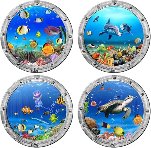 Las calcomanías de pared del mundo oceánico bajo el mar incluyen decoración de tortugas marinas, 4 calcomanías de vinilo extraíbles para