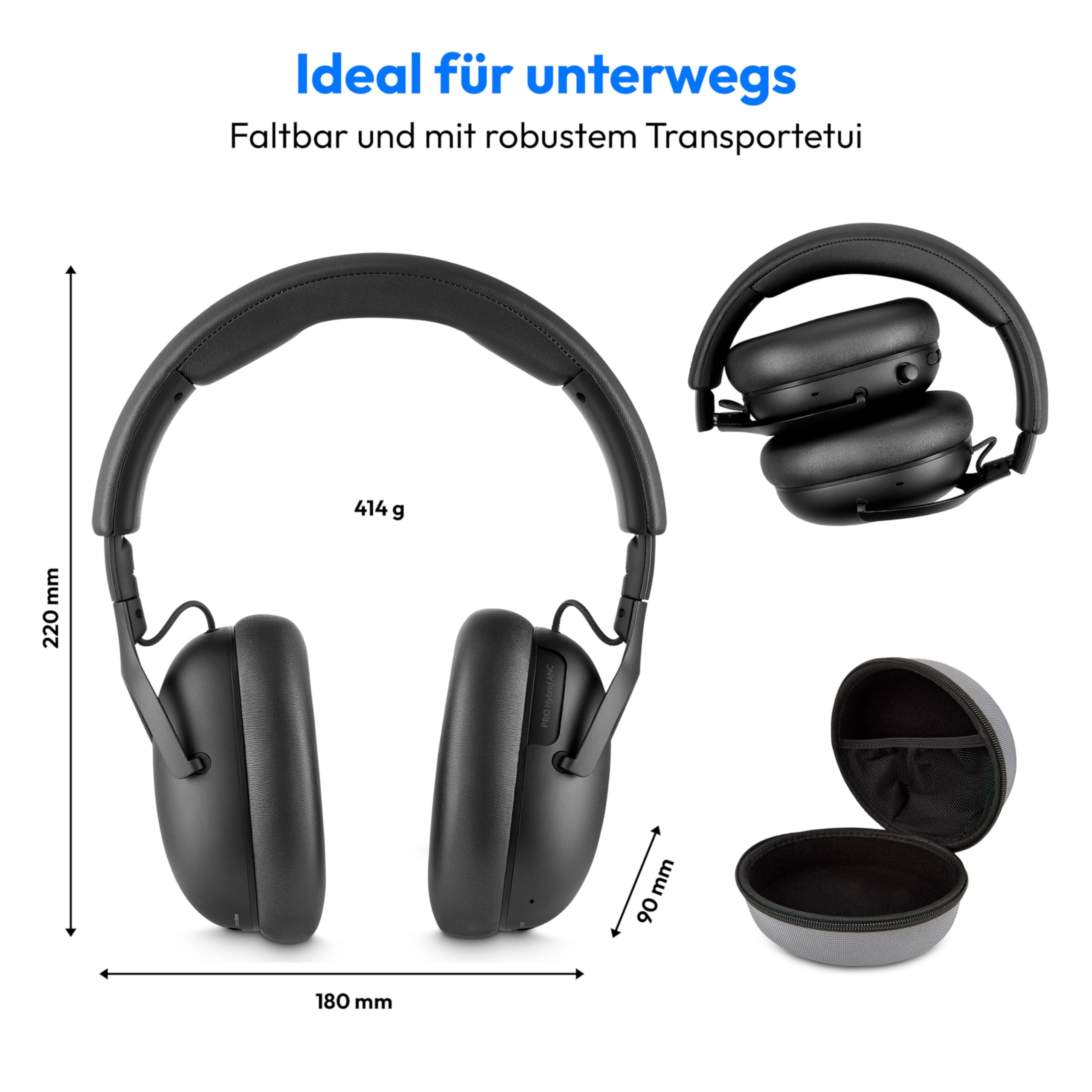 MEDION Over Ear Kopfhörer HX-1 Pro (kabellos, Hybrid Active Noise Cancelling ANC, Bluetooth 6.0, Wireless, 7+1 EQ Presets, bis zu 190 Stunden Akkulaufzeit, IPX4 Spritzwasserschutz) urban anthrazit