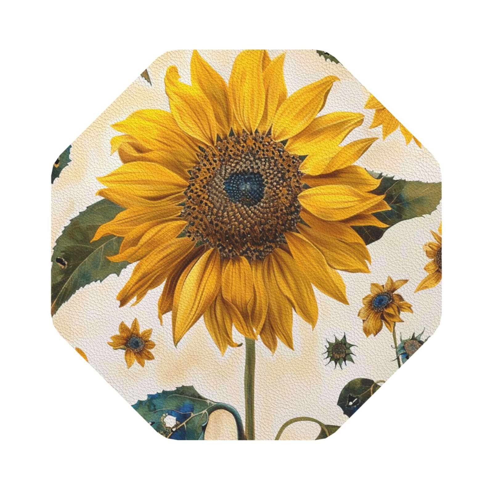 Sunflowers Print Leather Coaster Set of 6, Octagon Coasters Table Decorative Coffee Cup Beverage Coasters Wine Beer Bar Coasters for Hot Drinks Table Protection