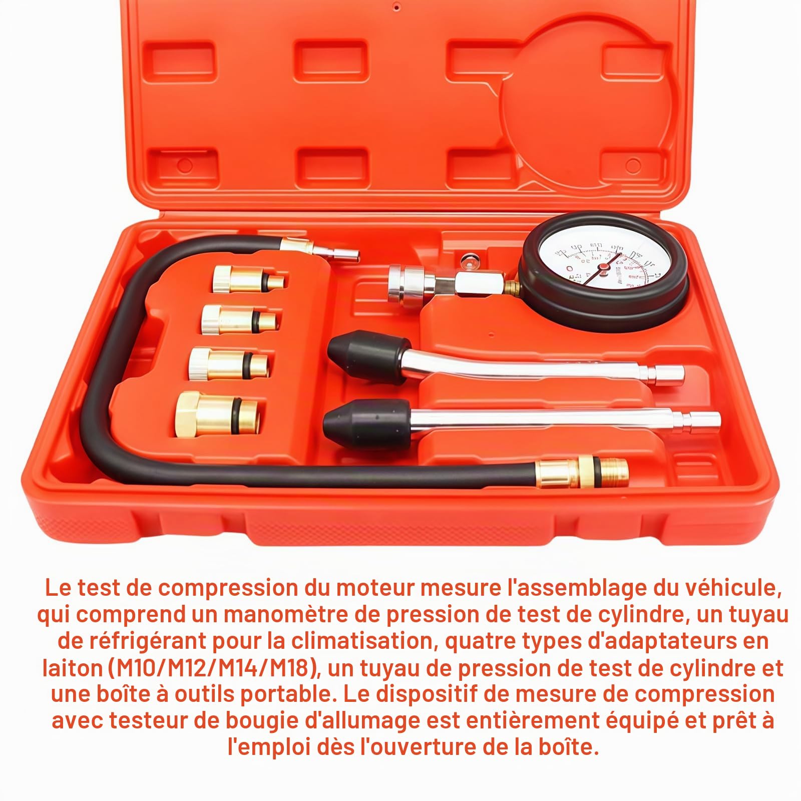 Kit de testeur de compression avec 4 adaptateurs, test de compression du moteur M10, M12, M14, M18, 0-20 bar et 0-300 psi, jauge de compression avec testeur de bougie d'allumage, pour voiture