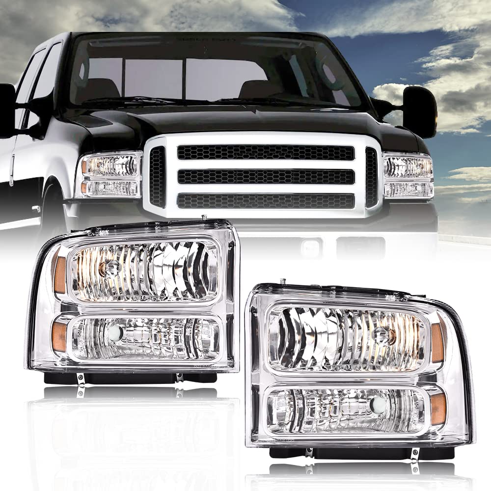 GRAND ORANGE Headlights Assembly Compatible with Ford F250 F350 F450 F550 Super Duty 1999-2004 / Fit Ford Excursion 2000-2004 Headlamp Clear lens Amber Reflector 1C3Z13008BA