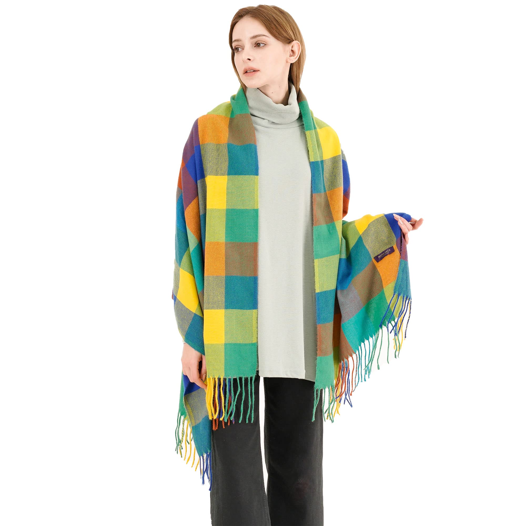 MaMa coco Women's Cashmere Feel Scarf Tartan Shawl Wraps Warm Open Front Poncho (Multicolor)