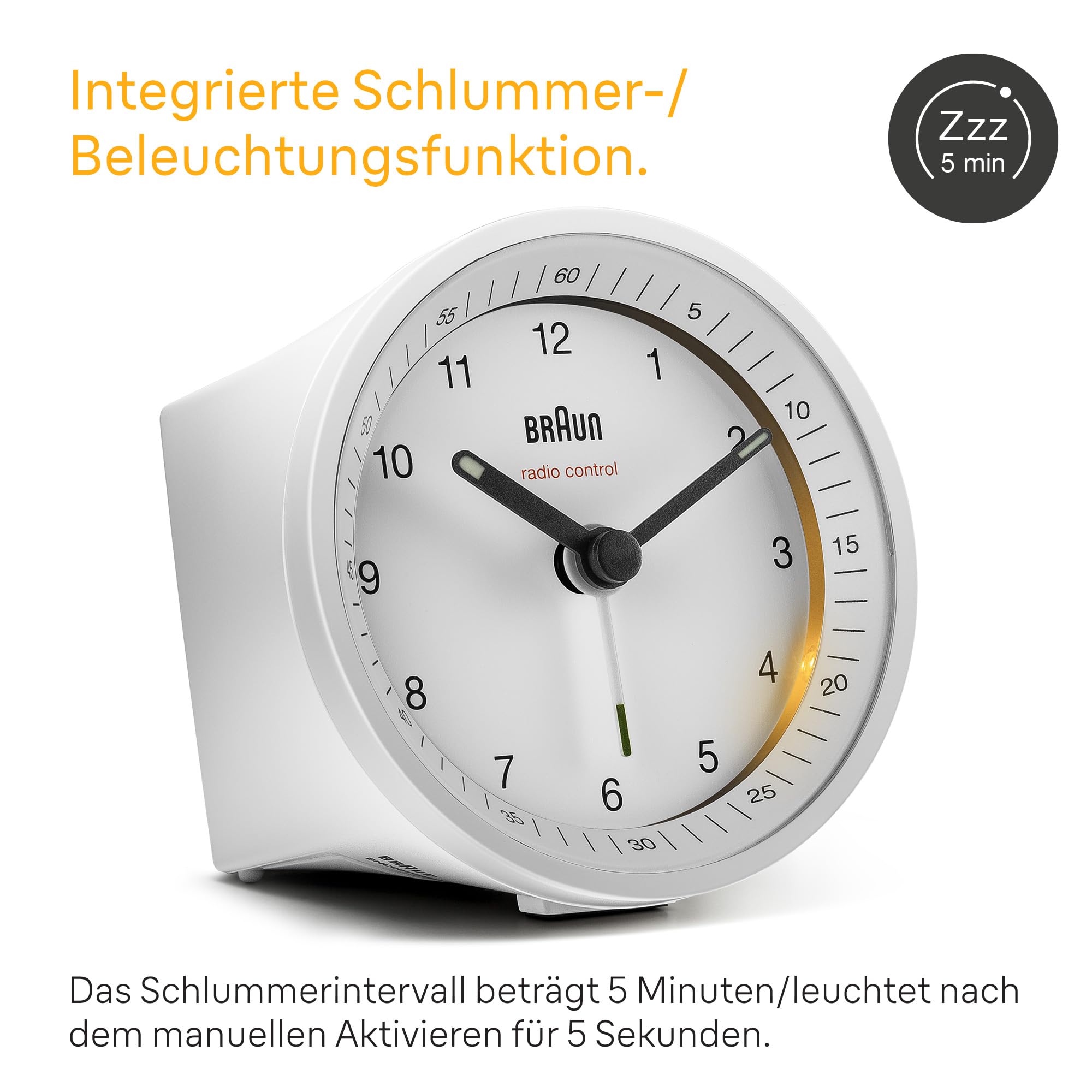 Klassischer analoger Funkwecker von Braun für die Mitteleuropäische Zeitzone (MEZ/GMT+1) mit Schlummerfunktion und Beleuchtung, ruhigem Uhrwerk, Crescendo-Alarm in Weiß, Modell BC07W-DCF