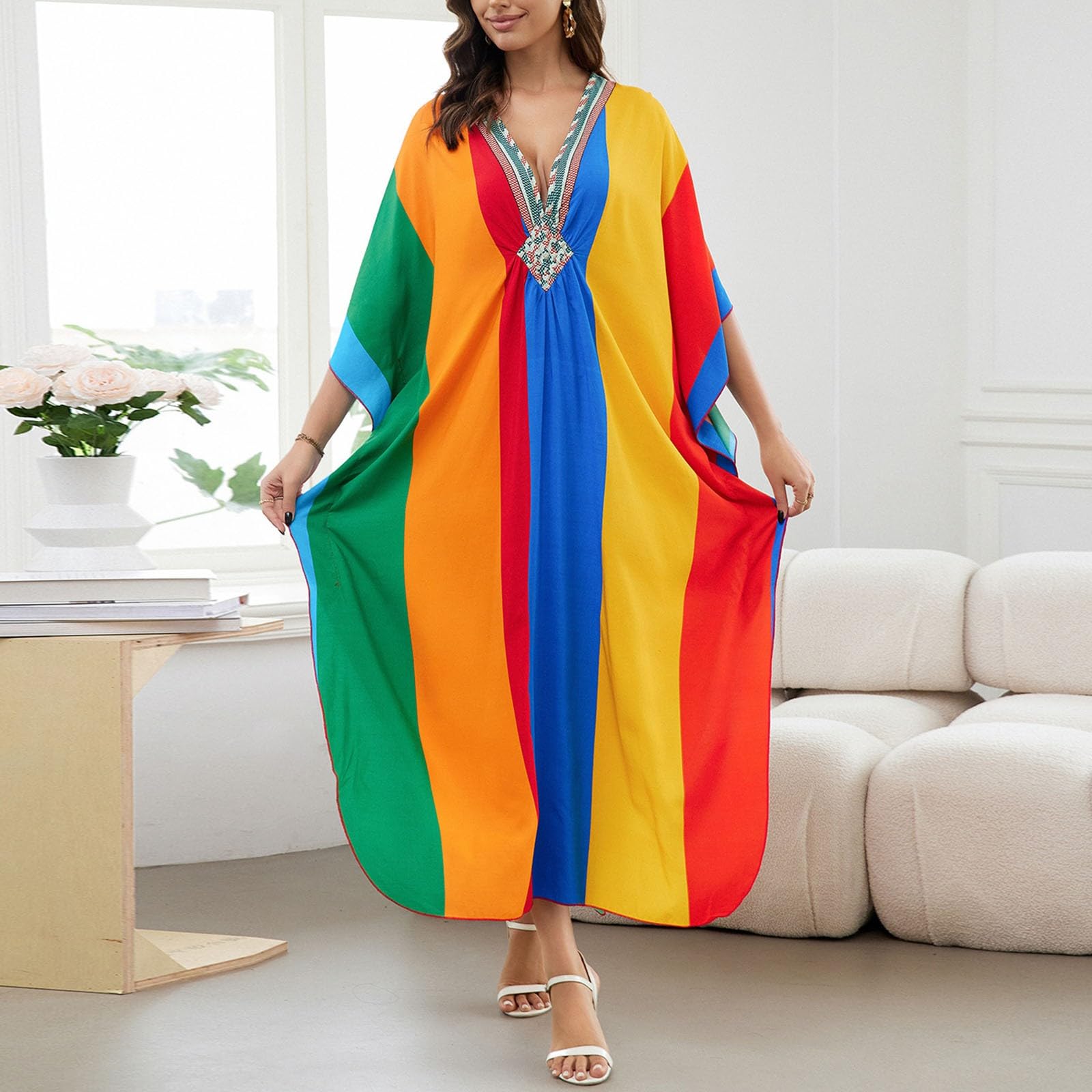 Caftano da donna in stile bohémien, maxi cardigan oversize, abito da spiaggia, abito lungo, kimono, costume da bagno, copricostume estivo, poncho da spiaggia, costume etnico tradizionale