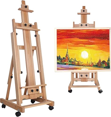 Caballete plegable portátil con marco en H de 56 a 91 pulgadas de alto, caballete de madera maciza de haya para pintar, soporte de suelo móvil plano