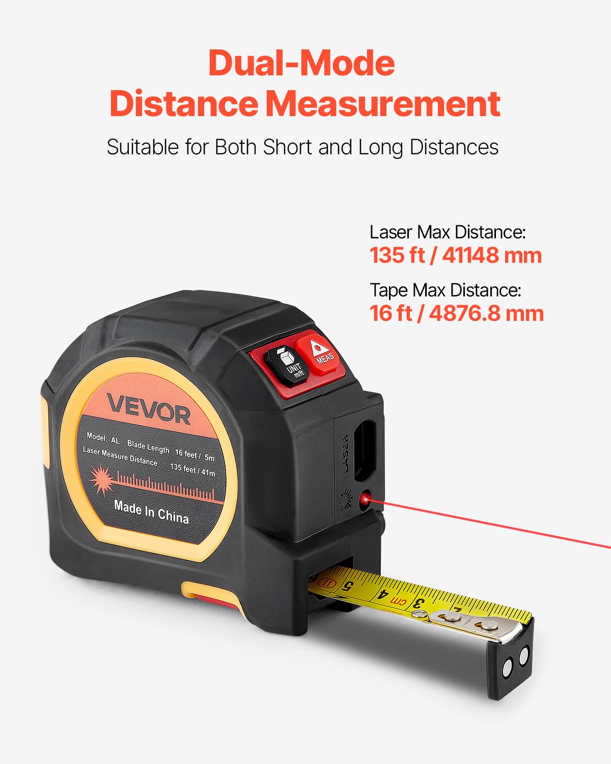 VEVOR Metro a Nastro Laser, 1 PZ, Strumento di Misurazione Laser Ricaricabile da 41 m e Metro a Nastro da 4,8 m con Magnetico, 4 Modalità, Lunghezza, Area, Volume, Continuo, Unità ft/in/m/ft+in