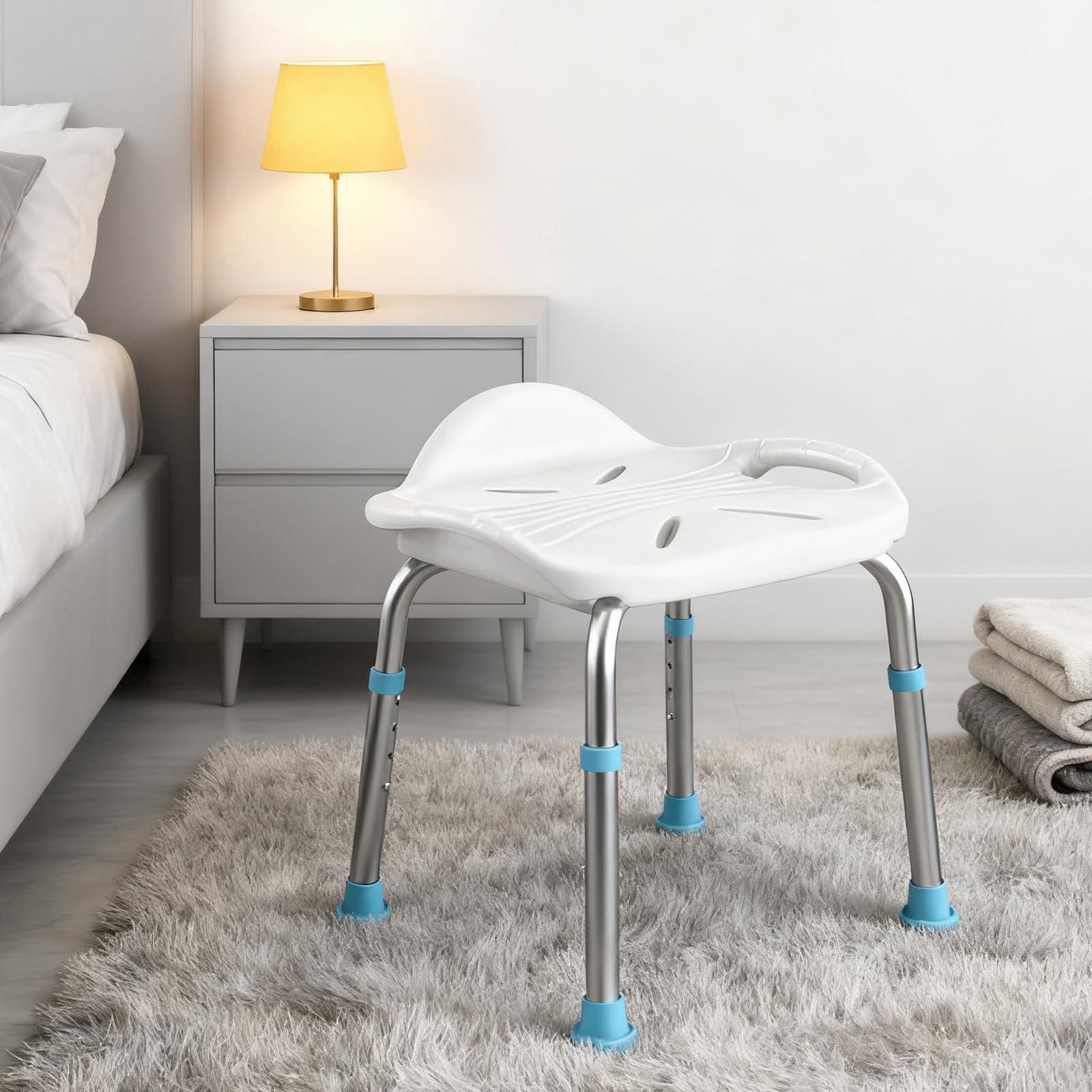 Sgabello Doccia per Anziani, Sedia da Doccia Extra Largo da 48 cm, Sgabello da Bagno in Alluminio con Altezza Regolabile 41-51 cm, Piedini Antiscivolo, Piccolo Schienale, Portata 200 kg
