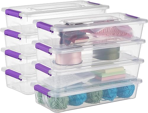 Naivees Plastic Storage Containers Clear Craft Storage Bins with Grey Handle,Organizer Box with Durable Lids Stackable Containers for Organizing Craft and Tools (8 Pack-4 Quart Purple)