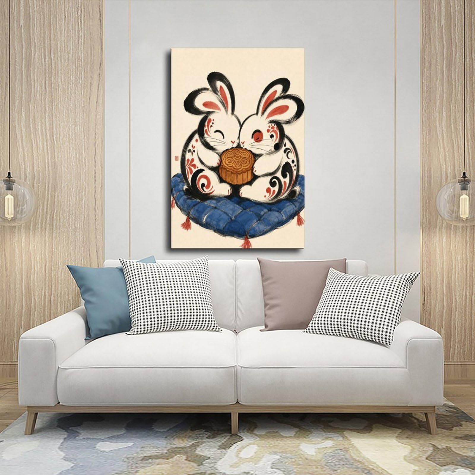 W7C8U2X3 Pareja de Conejos con Tambor Cuadro en Lienzo, Dormitorio | Festival Folclorico, Poster en Lienzo Entrada, Festival Folcloric, Pasillo, Arte Folk, Decoracion Salon, 24x36inch(60x90cm).