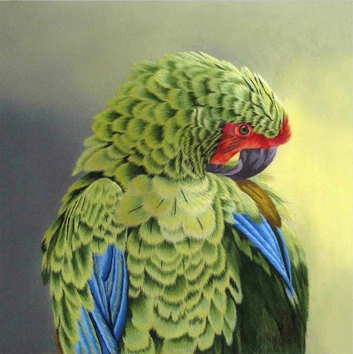 Silk Art 100% Handmade Emboridery Framed Green Parrot Painting Oriental Wall Hanging Art Asian Decor Still Life Artwork Picture Gifts