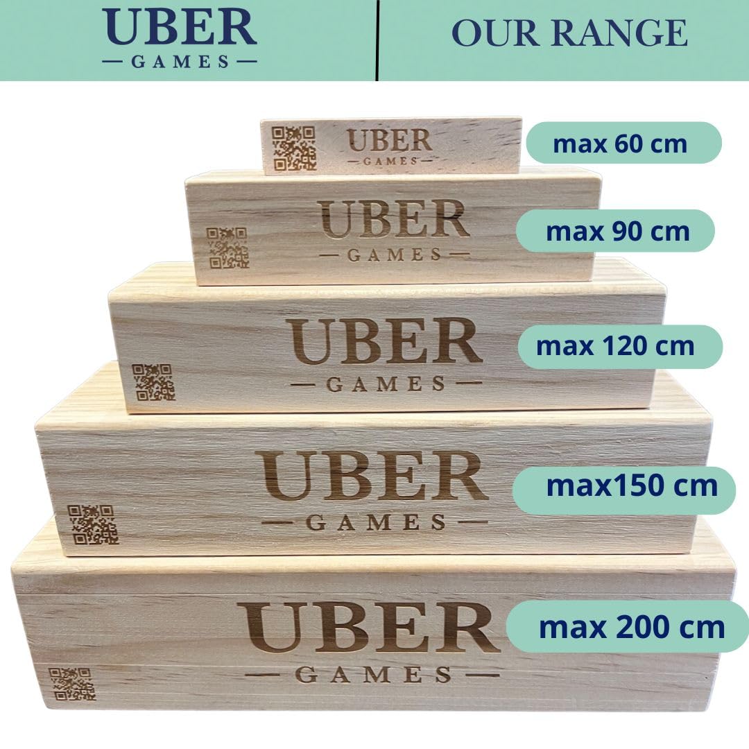 Ubergames Torre gigante tambaleante de hasta 160+ cm XXL Jumbo Hi-Tower en bolsa – 1,6 m (máximo en el juego). Juego de torre de madera de pino macizo - Bloques extra de lujo y bolsa (hasta 160+ cm)
