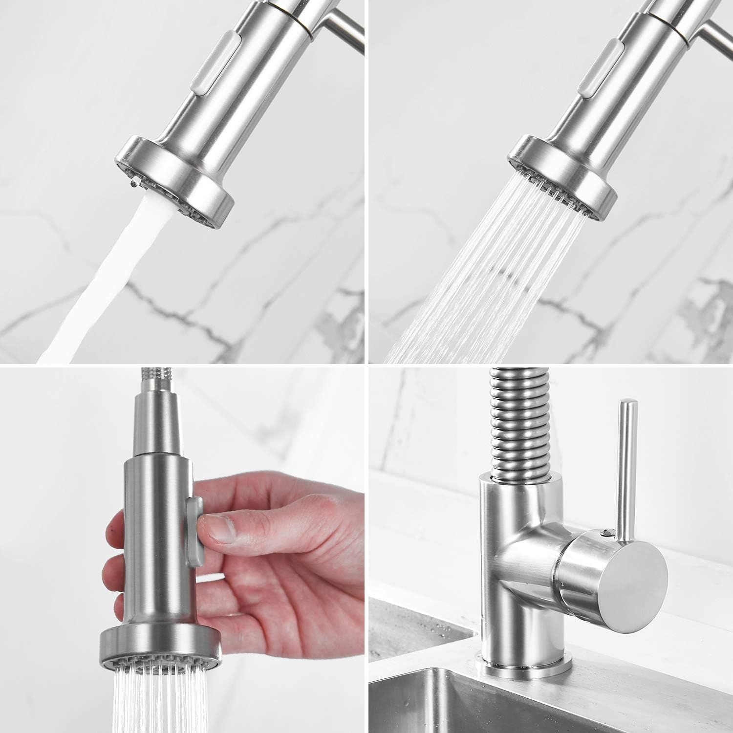 Exclusive Discount 50% Price Sagetta Kitchen Faucet with Pull Down Sprayer, Low Lead Commercial Solid Brass Single Handle Lever Spring Kitchen Faucet with Pull Out Sprayer Brushed Nickel