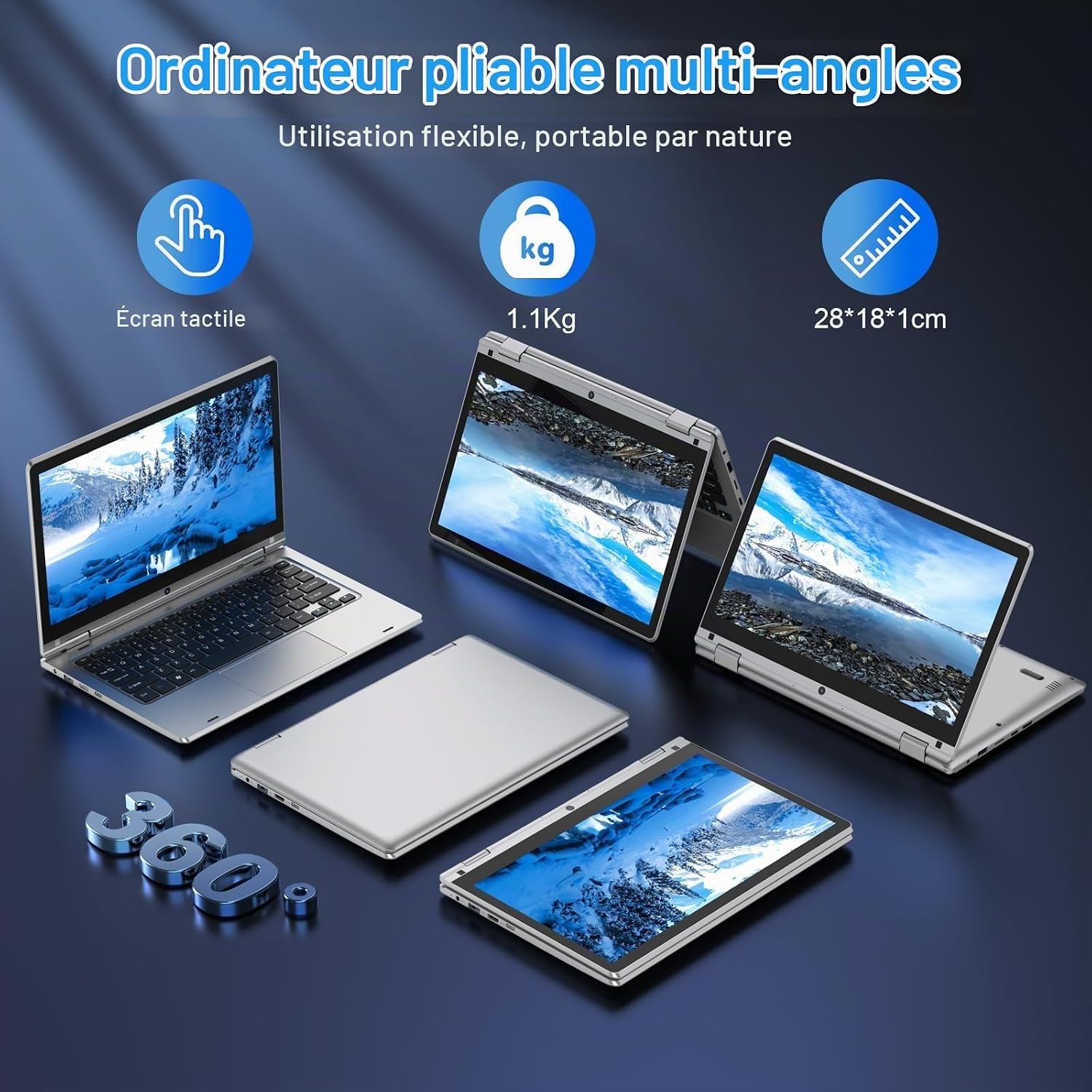 Computer portatile touch pieghevole a 360° - 11.6 pollici, PC portatile 6 GB RAM 128 GB SSD Celeron N4020, schermo IPS 1366 x 768, laptop per studi lavoro tempo libero, computer con pellicola per