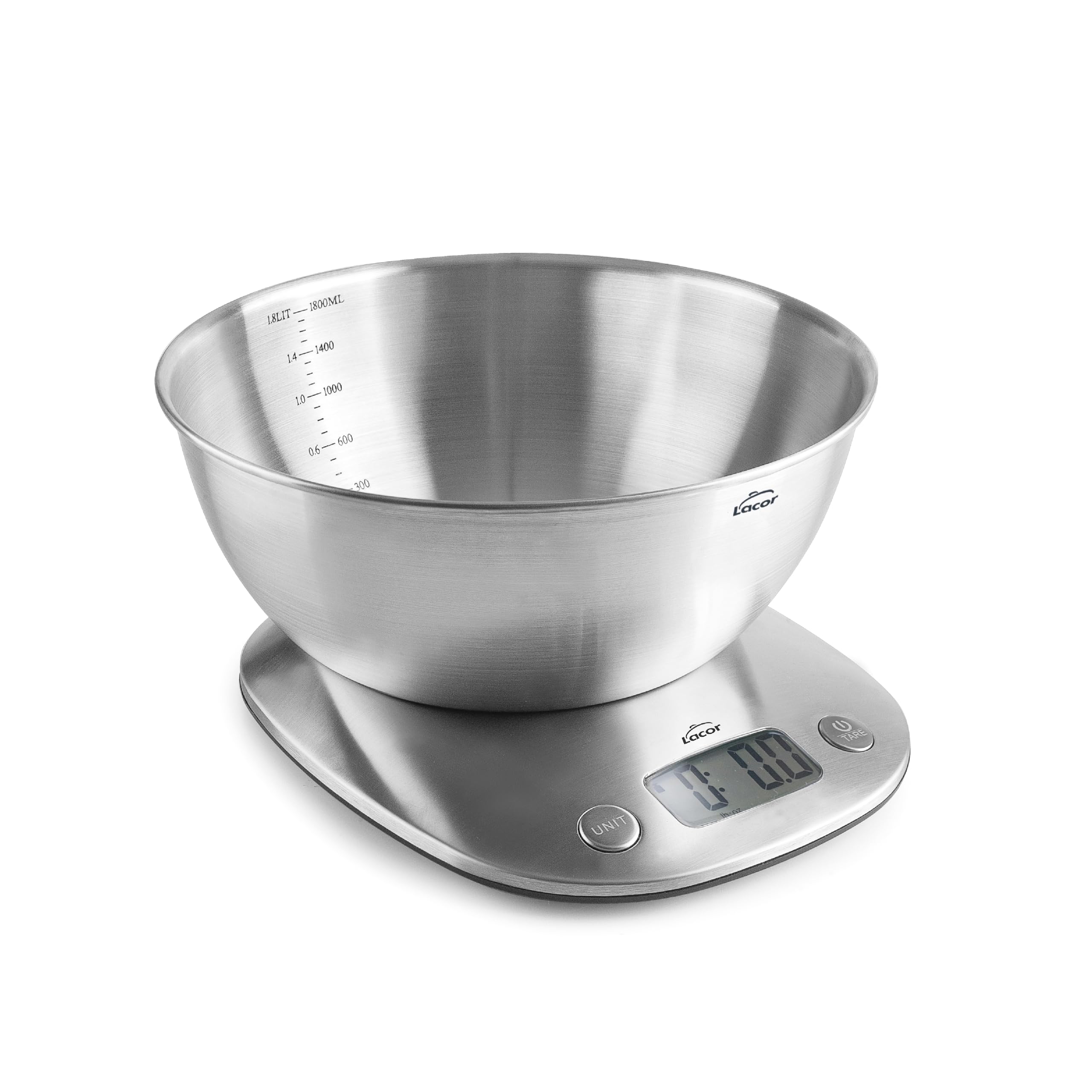 Lacor - 61727 - Bilancia Digitale, Alta Precisione, Ciotola Estraibile, Acciaio Inox, Display LCD, Funzione TARA, 1.8 L