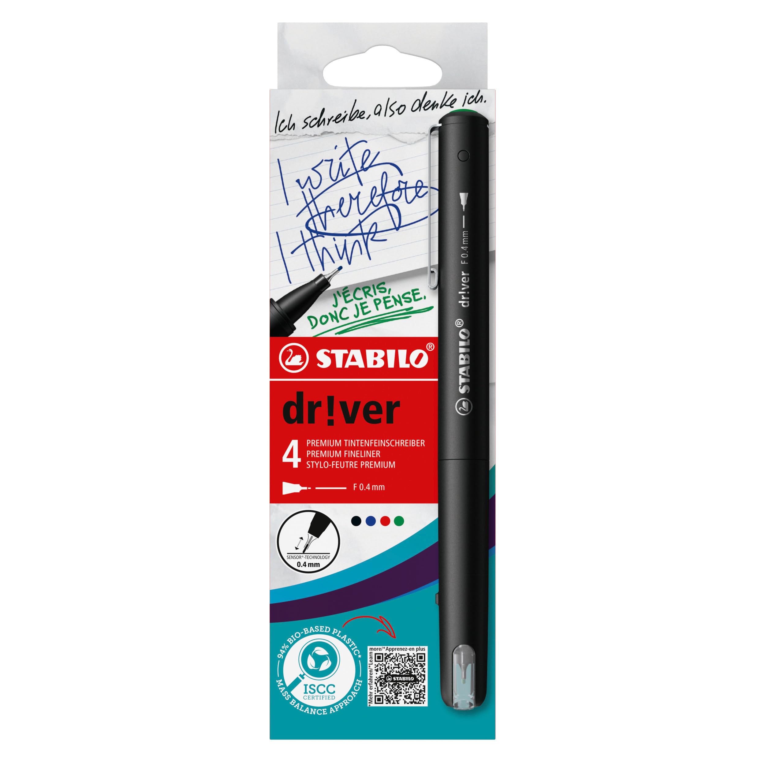 STABILO Premium-Fineliner dr!ver – 4er Pack (Rot, Grün, Blau, Schwarz)