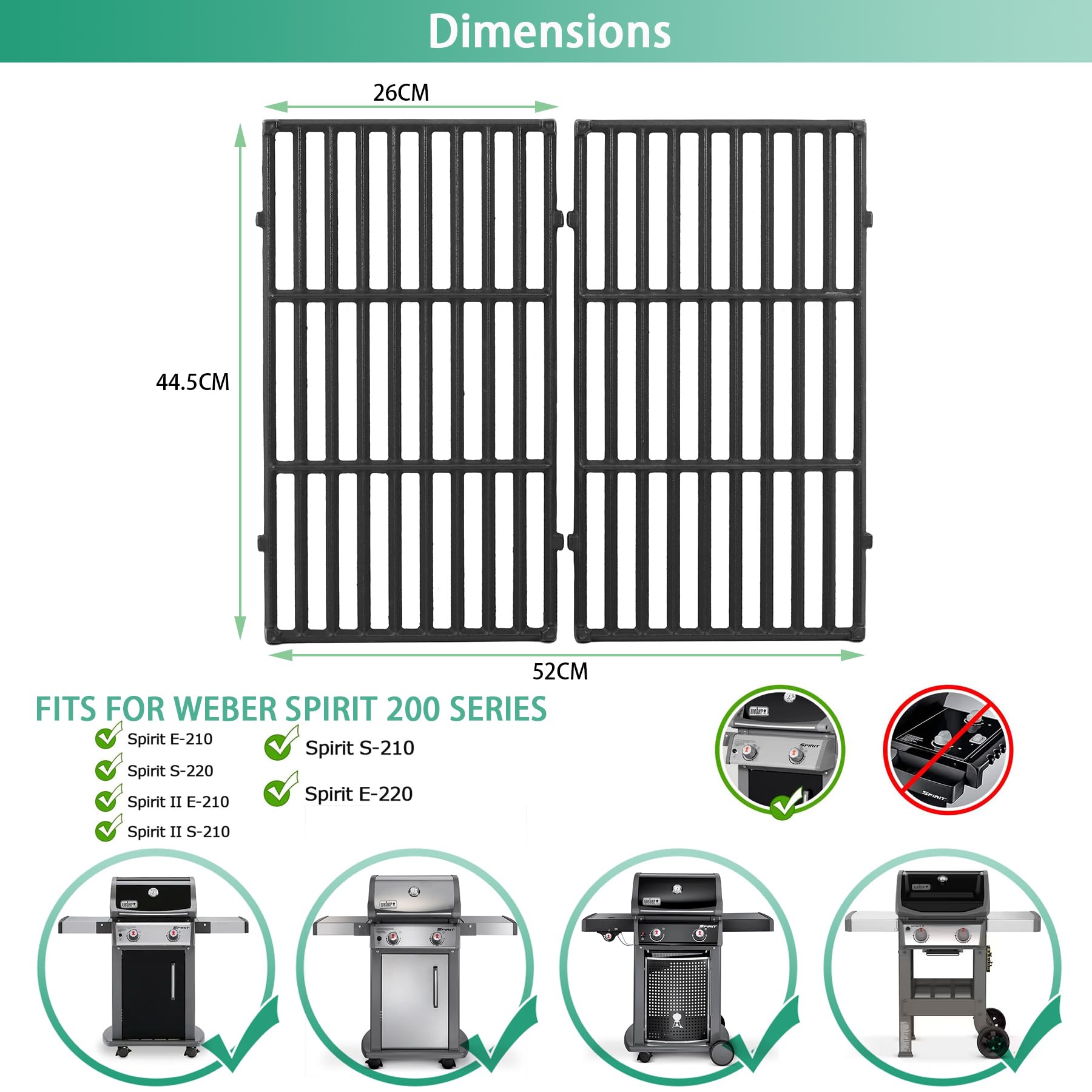 Spirit 200 Gusseisen Grillrost für Weber Spirit 200 Serie, Spirit E-210, E-220, S-210, S-220 Gasgrills (mit vorderen Bedienknöpfen), 44,5CM 7637 Rost für Weber Spirit I & II E210 Ersatzteile Zubehör