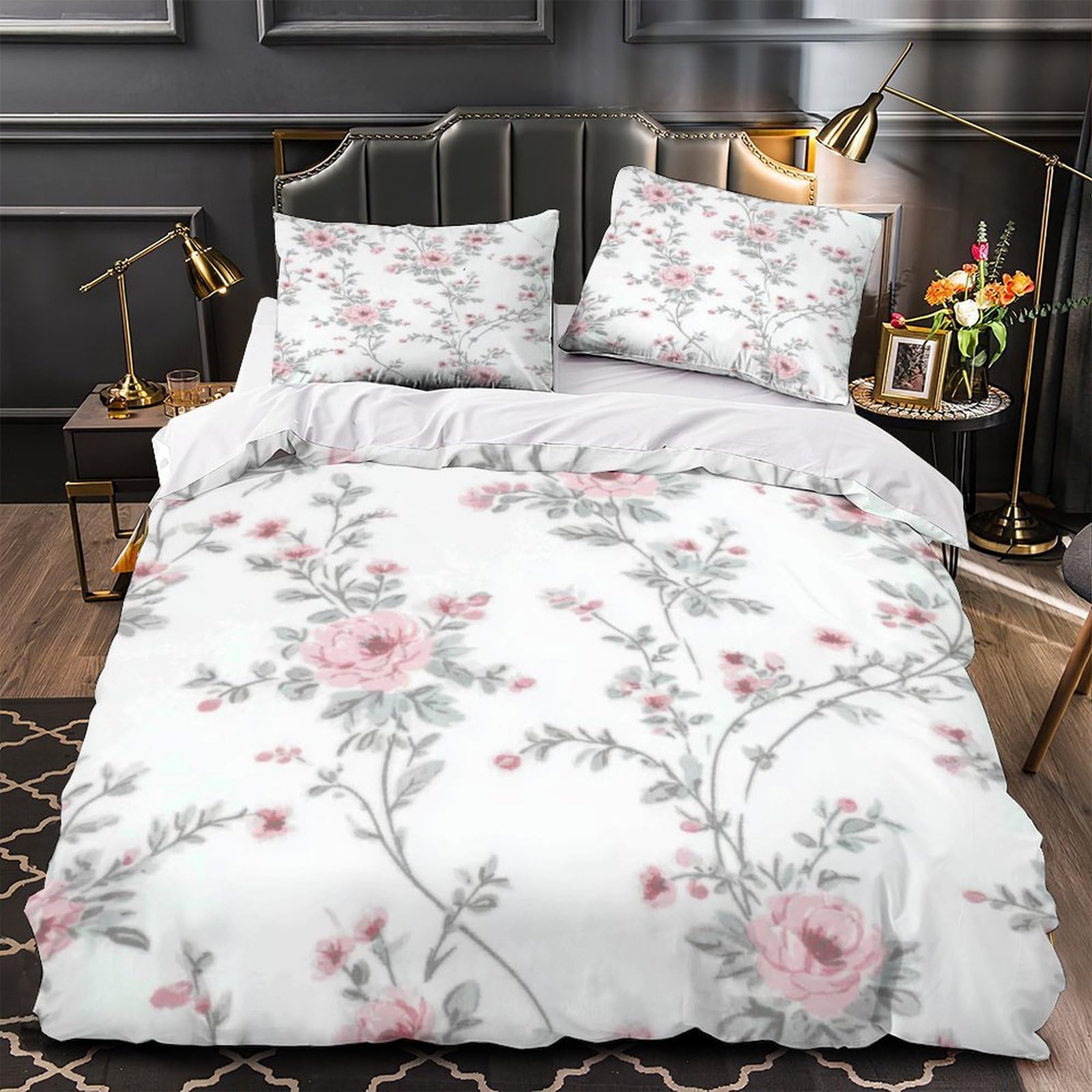 Housse de couette zippée en microfibre respirante motif roses 3D effet vintage