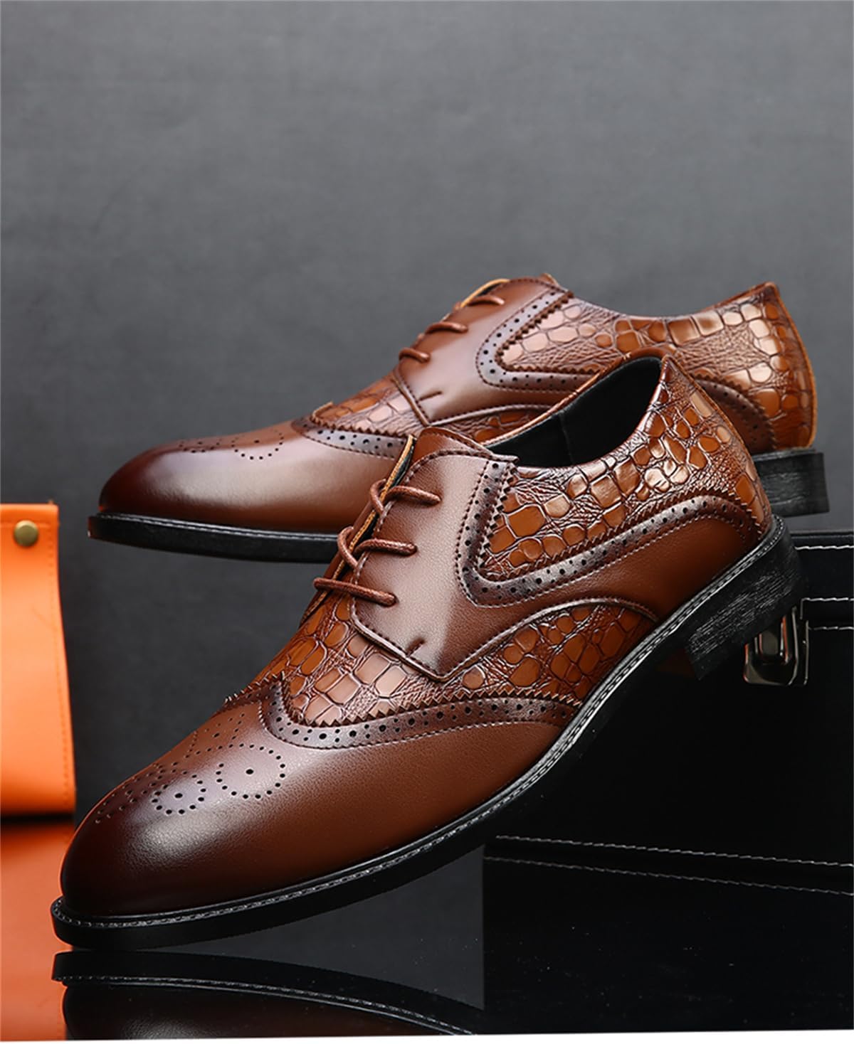 Men's Crocodile Print Wingtip Dress Shoes Formal Business Oxford for Men Retro Brogue Derby Shoes - Image 6