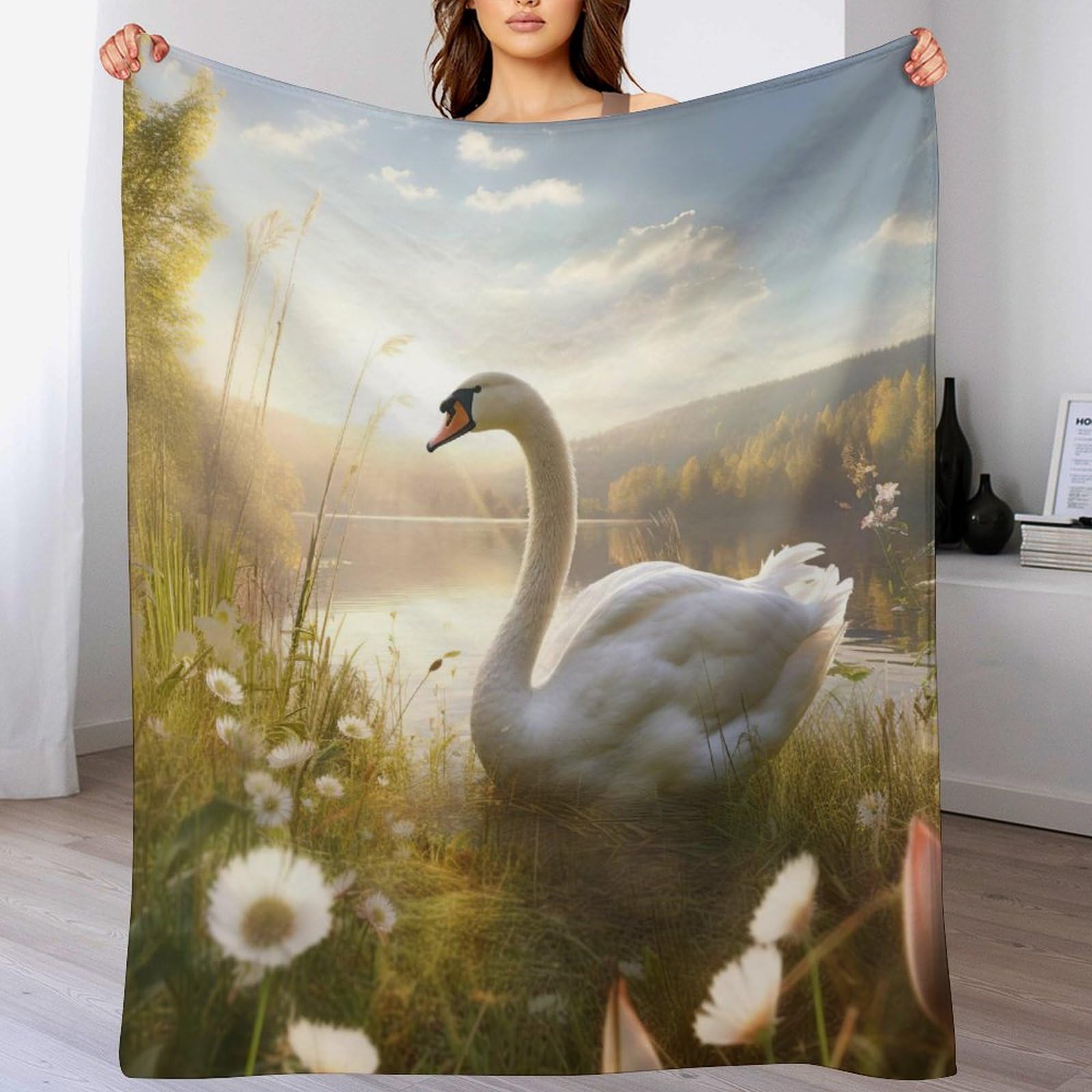 Couverture polaire cygne jeté de lit en peluche douce 100x130cm