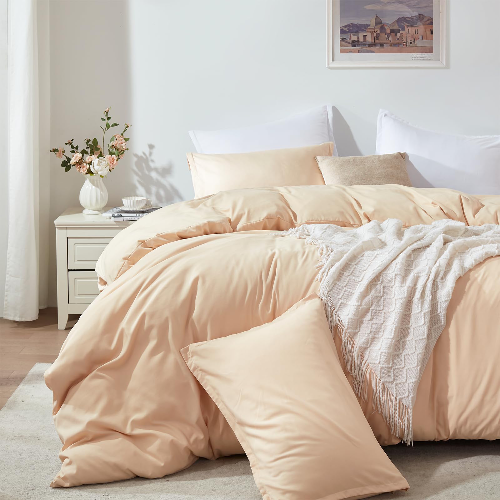 Cosybay Beige Duvet Cover Queen Size- Soft Queen Duvet Cover Set, 3 PCS- 1 Duvet Cover (90”x90”) with Zipper Closure and 2 Pillow Shams- Machine Washable