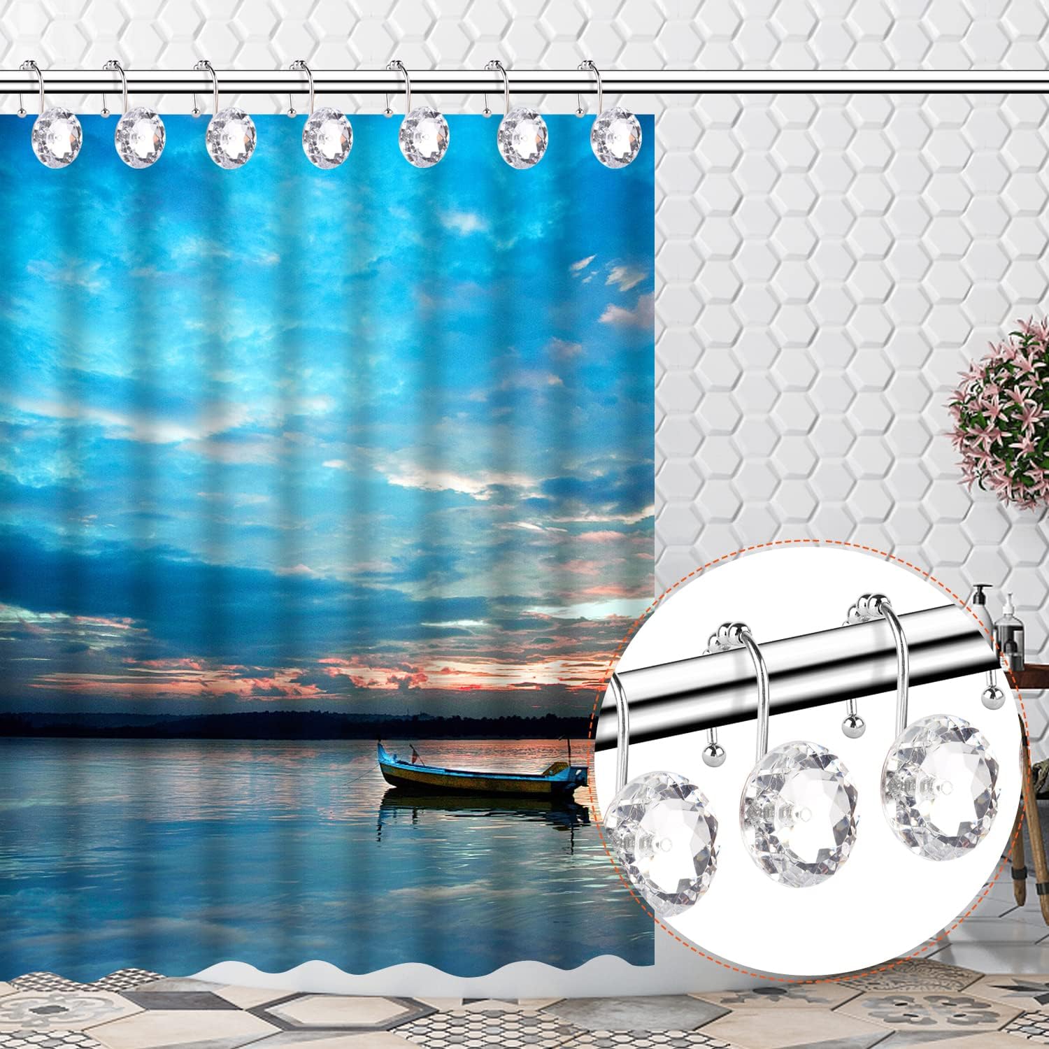 Shower Curtain Hooks Rings 12Pcs Crystal Rolling Shower Curtain Hooks, Stainless Steel Rust Proof Decorative Window Shower Hooks Hangers for Bathroom, Living Room, Towels (Clear) : Home & Kitchen